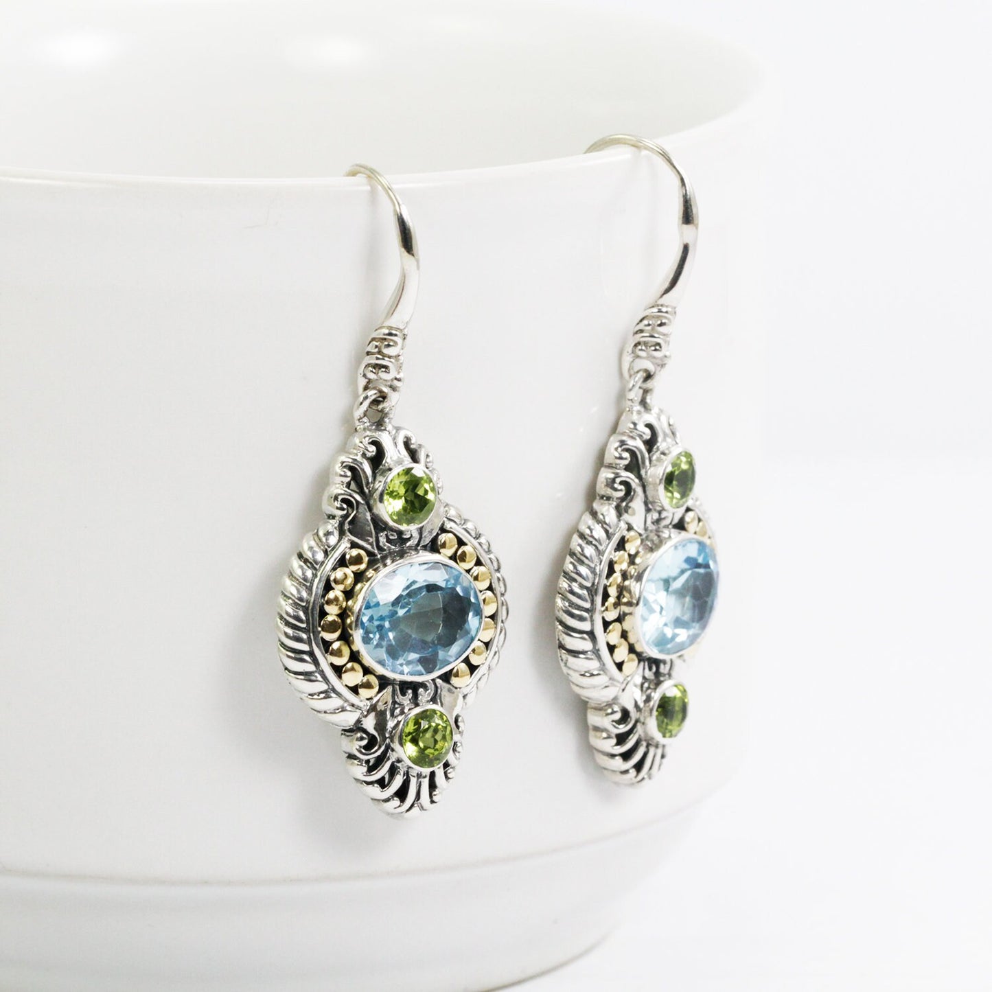 blue topaz earrings dangle 925 sterling silver and 18K yellow gold with genuine green peridot