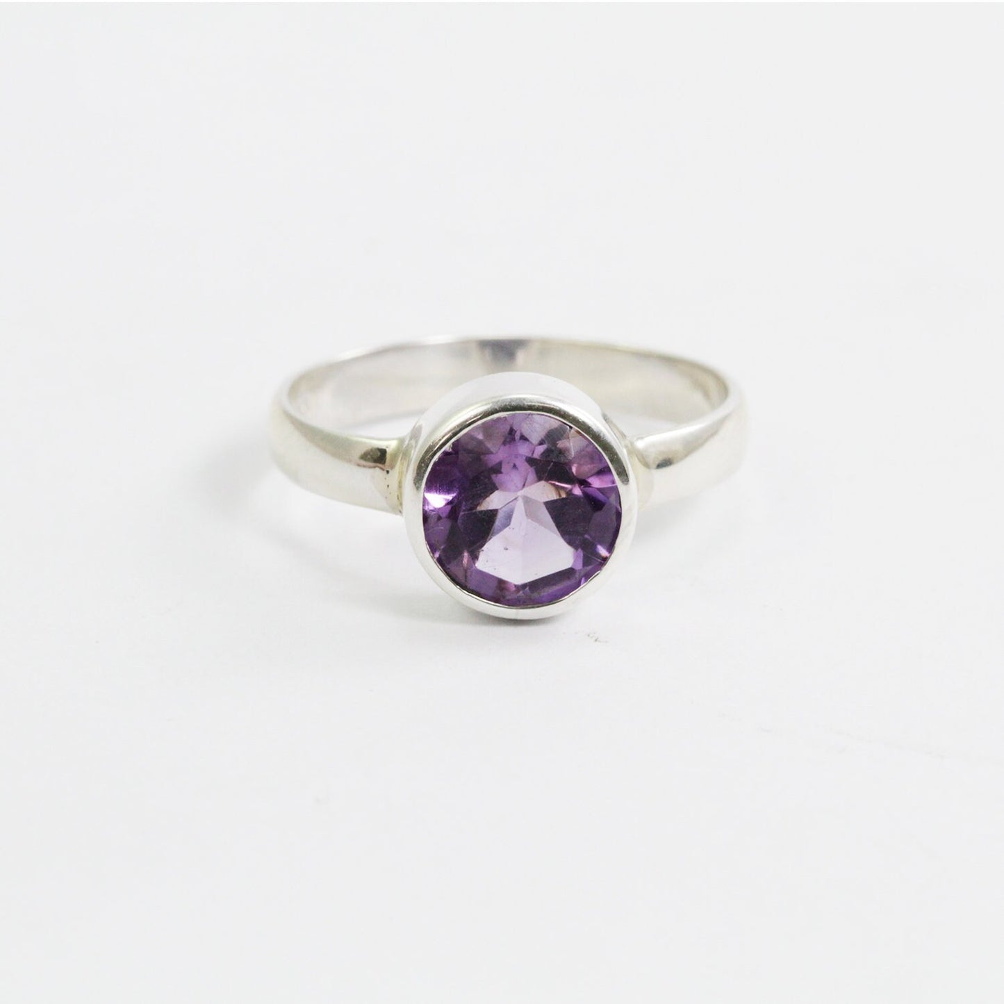 Round Amethyst solitaire ring for women 8 mm round handmade bezel set in 925 sterling silver