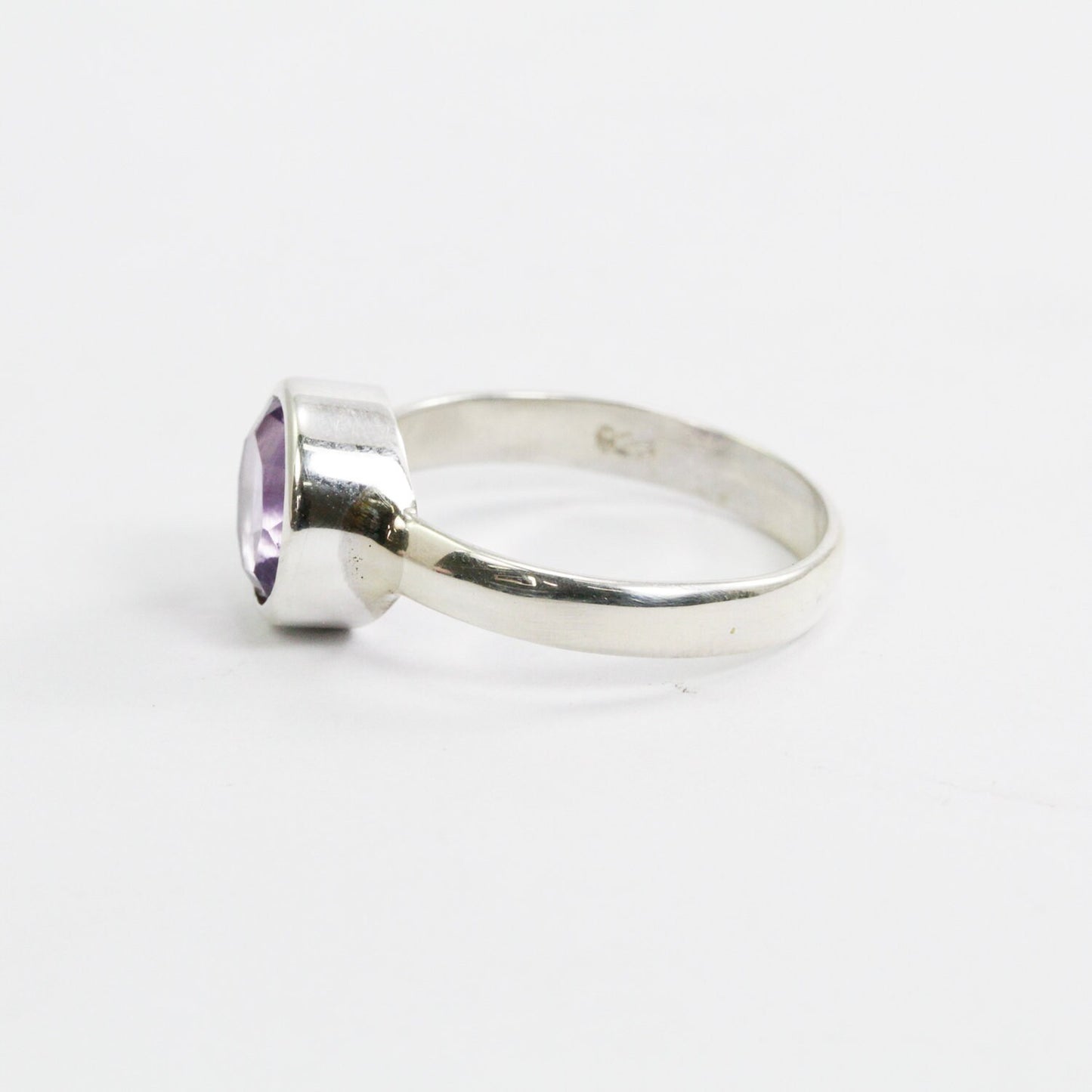 Round Amethyst solitaire ring for women 8 mm round handmade bezel set in 925 sterling silver