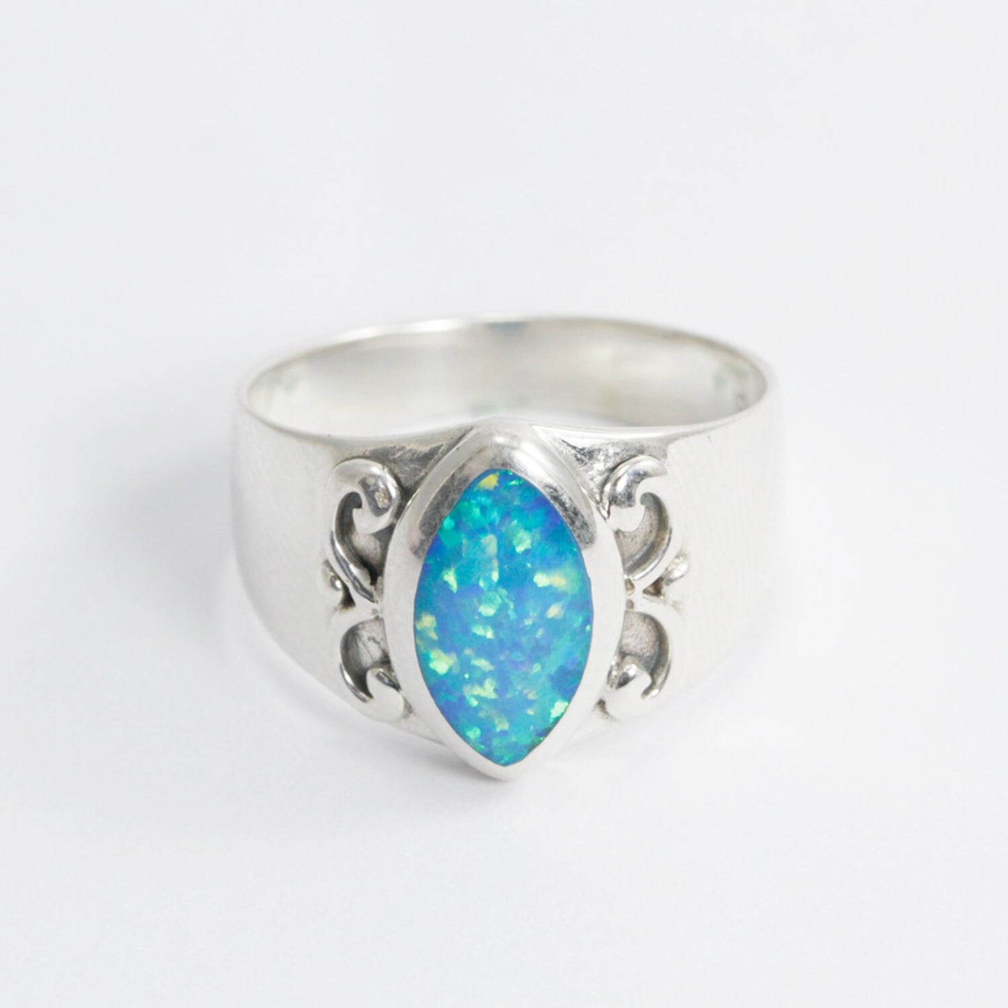 Blue opal ring 925 sterling silver with wide band and swirl filigree