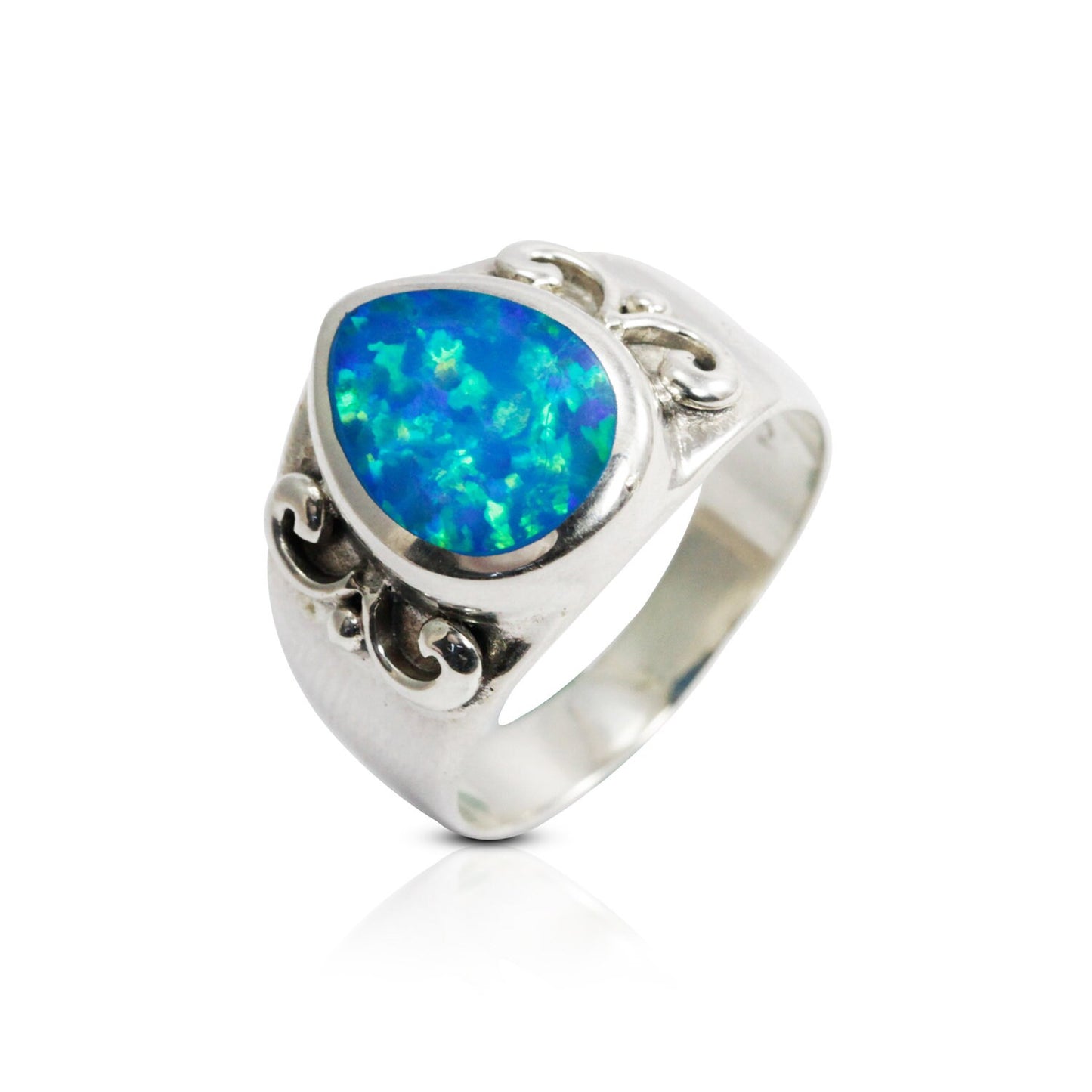 wide band ring 925 sterling silver with created opal decorated with swirl filigree