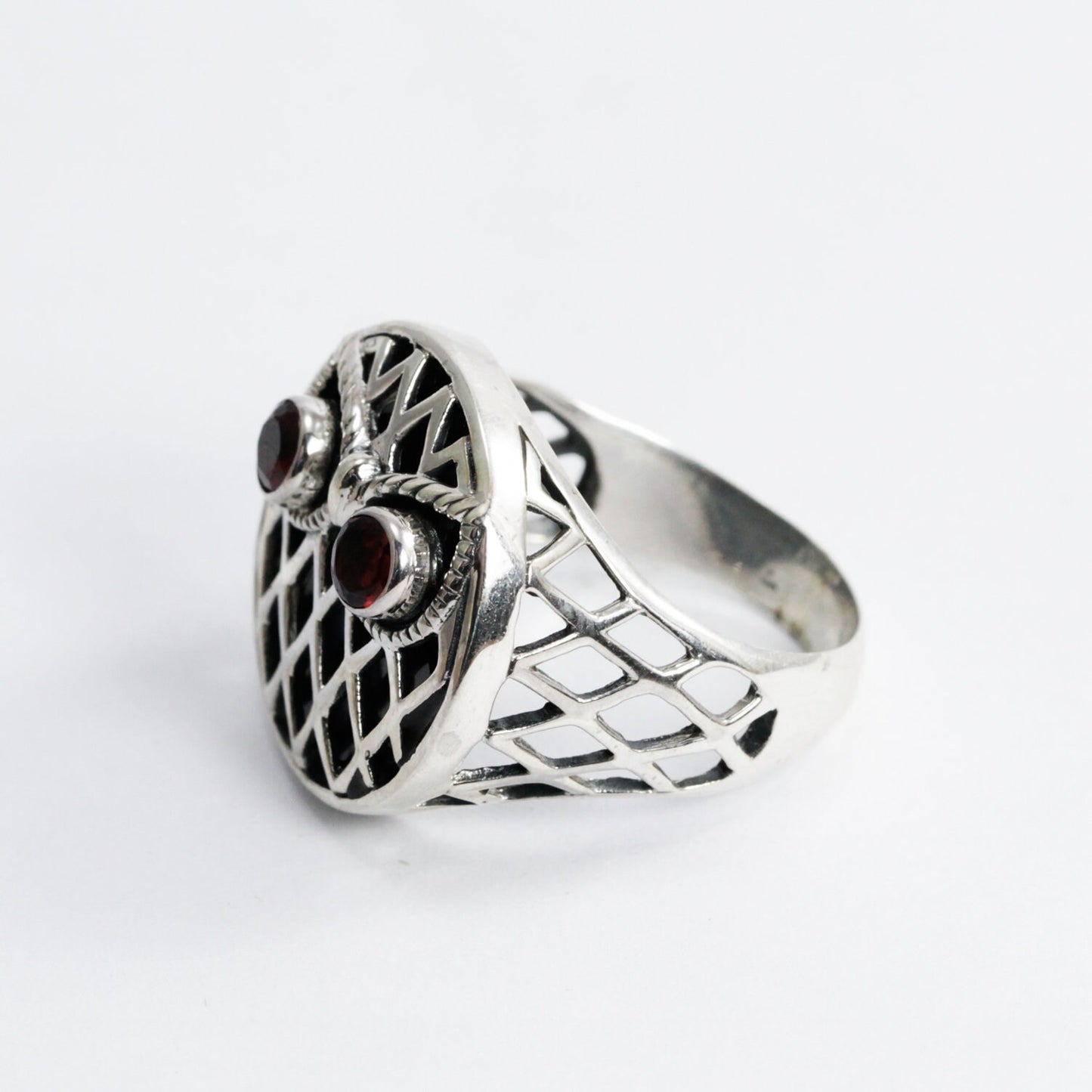 owl ring 925 sterling silver with natural garnet decorated with open work Celtic ornament