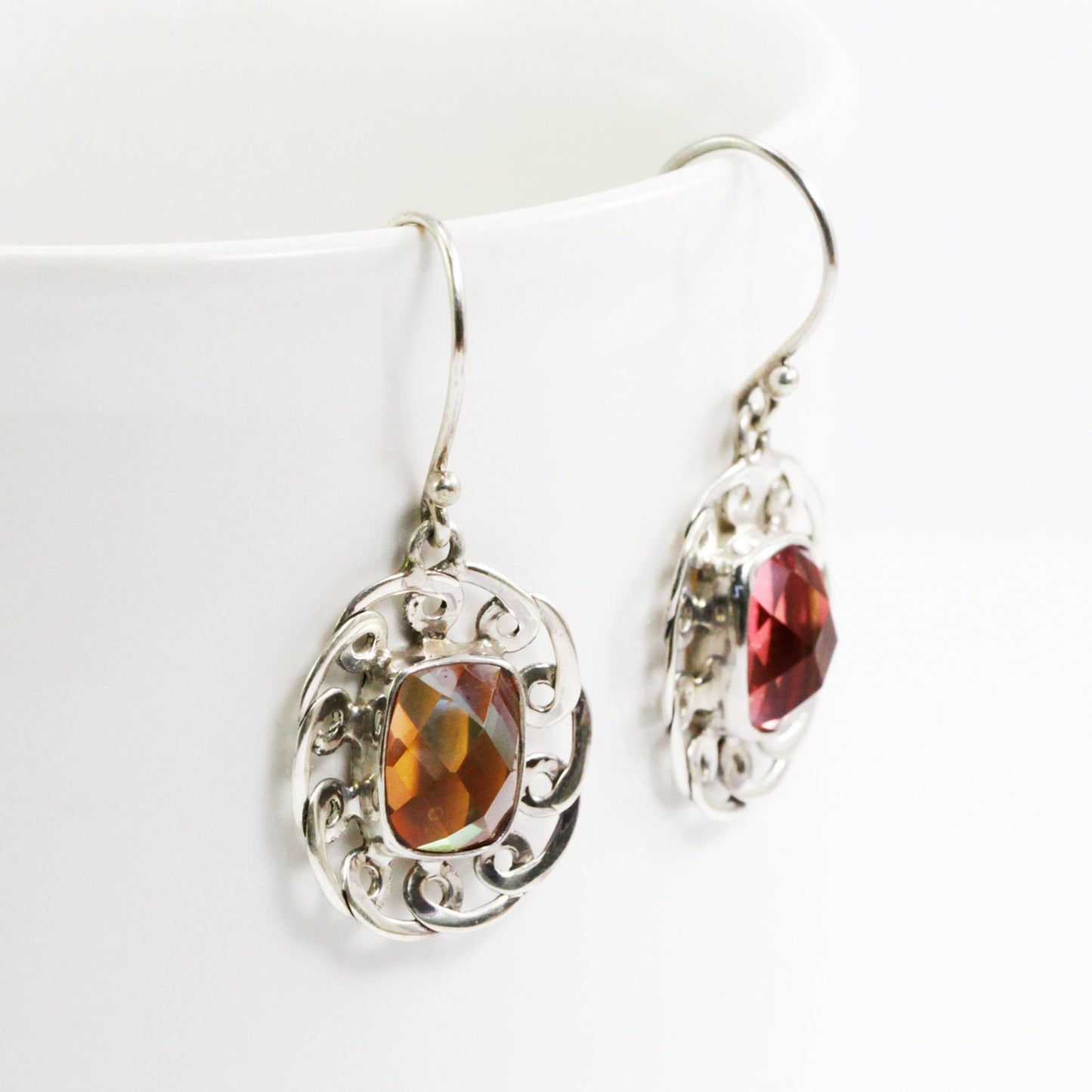 earrings with mystique topaz set in 925 sterling silver with filigree