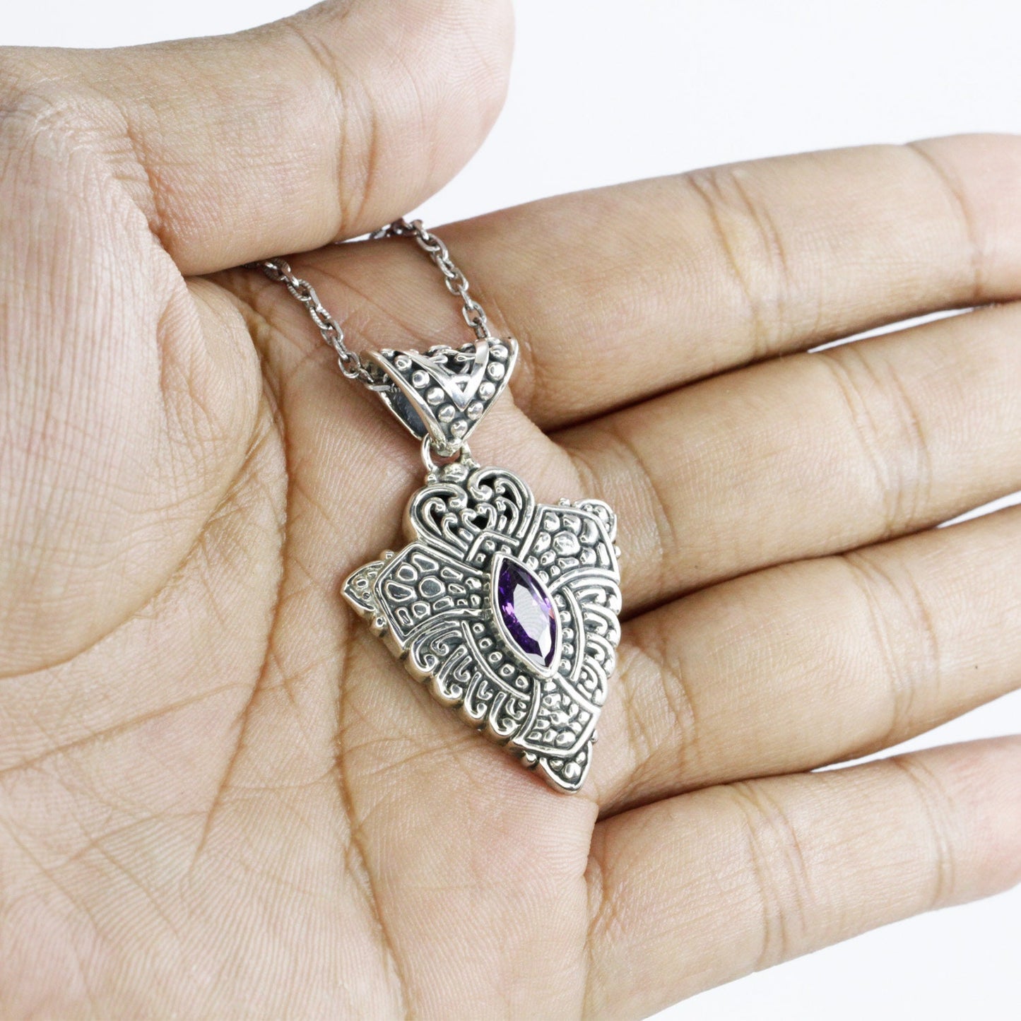 amethyst zirconia pendant necklace 925 sterling silver decorated with delicate filigree ornament