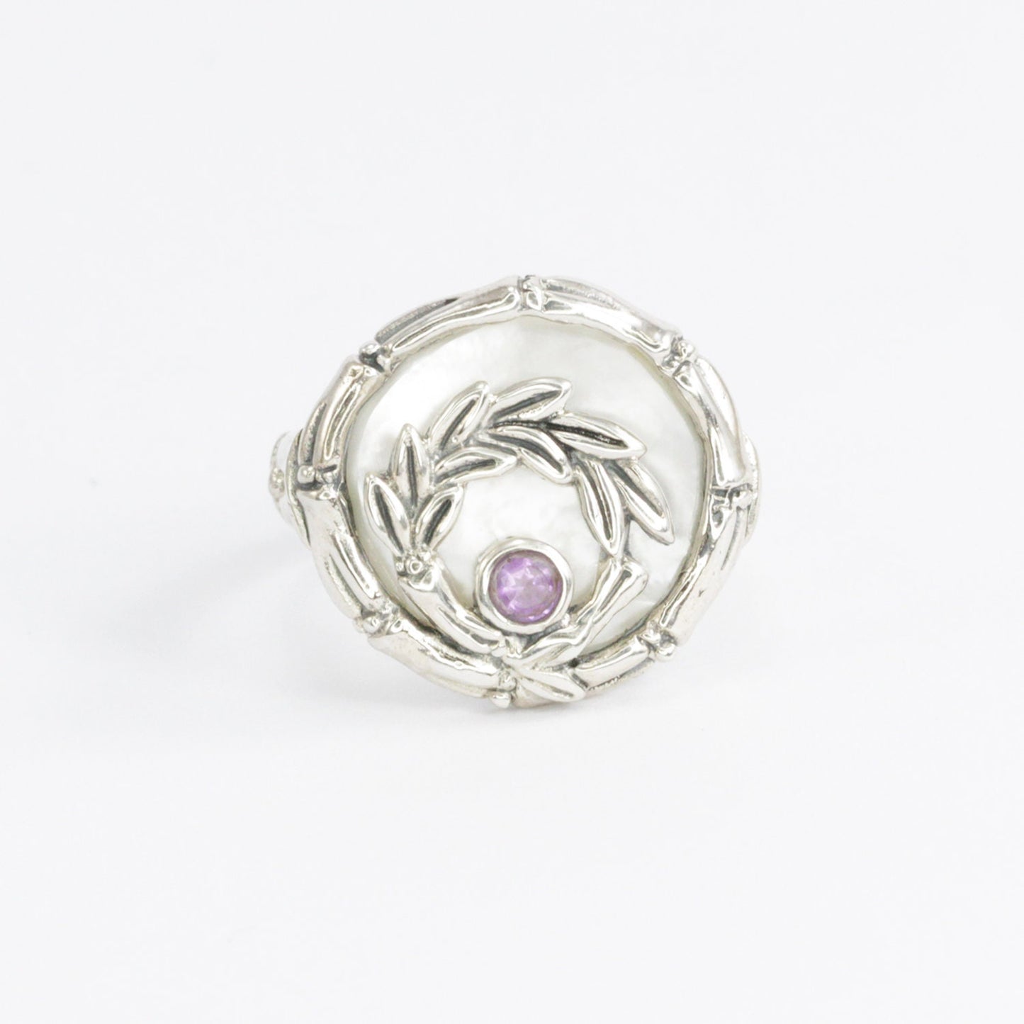 Amethyst ring 925 sterling silver with bamboo ornament and genuine white shell
