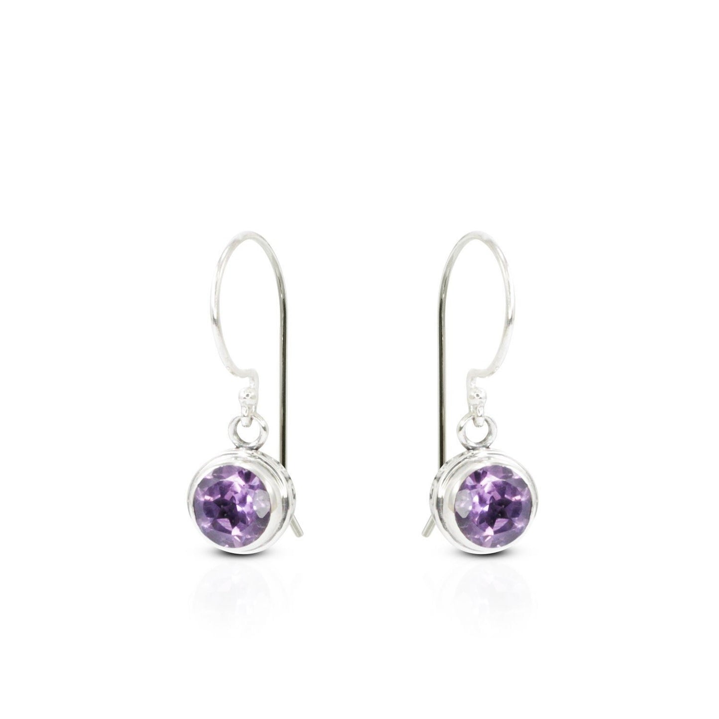 amethyst earrings round shape set in 925 sterling silver decorated with white filigree ornament bezel and back side