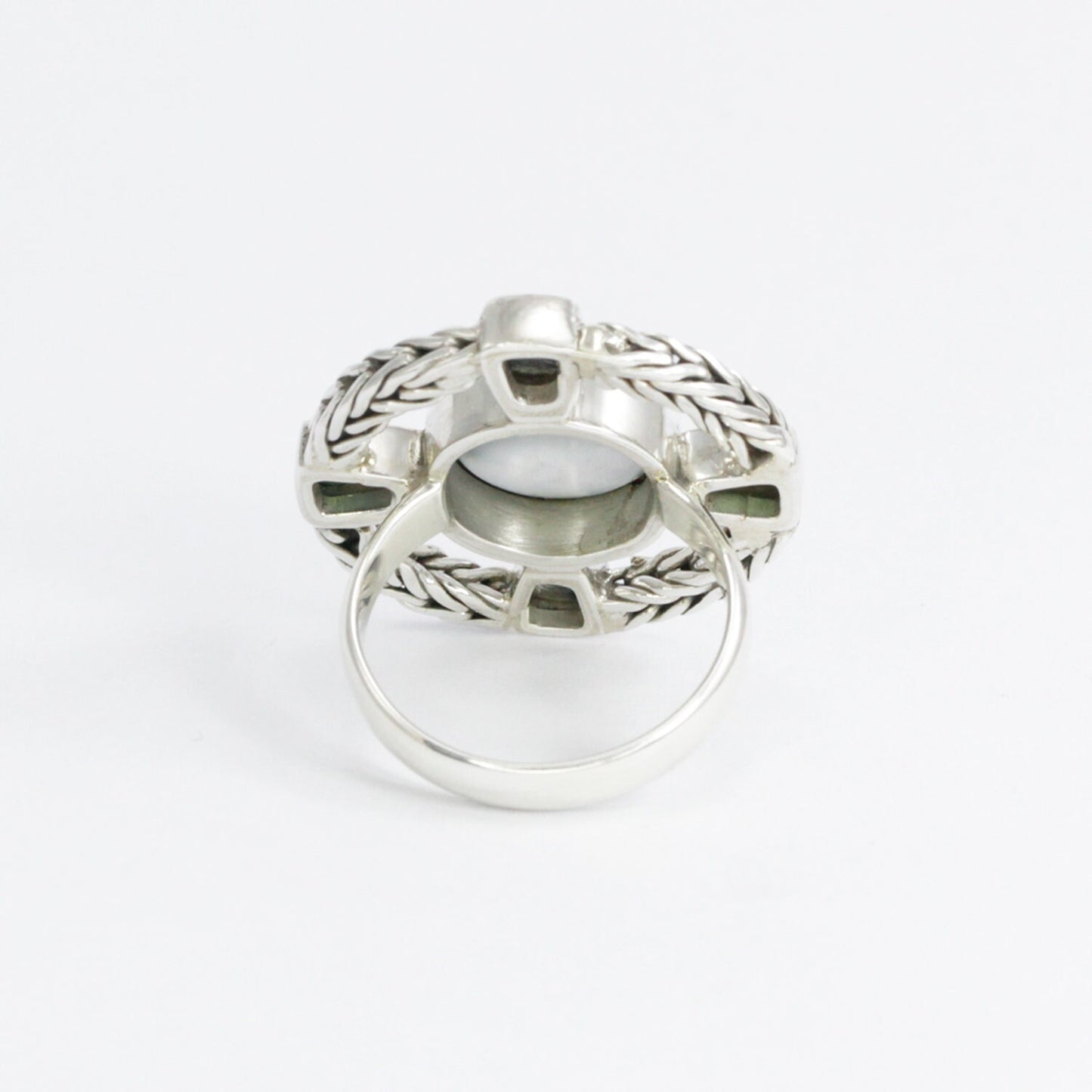 cross ring 925 sterling silver with genuine blue mabe pearl and paua shell decorated with chain frame