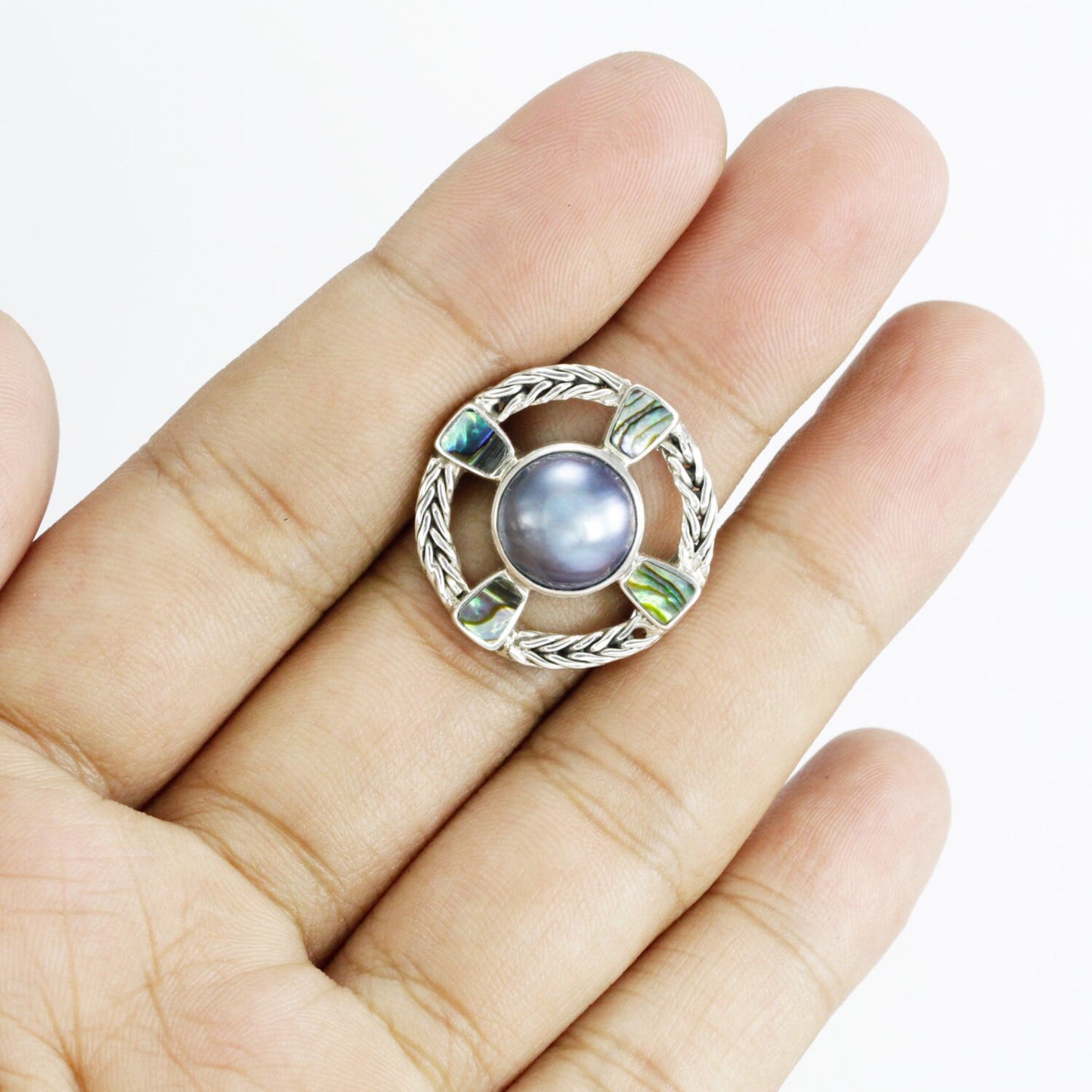 cross ring 925 sterling silver with genuine blue mabe pearl and paua shell decorated with chain frame