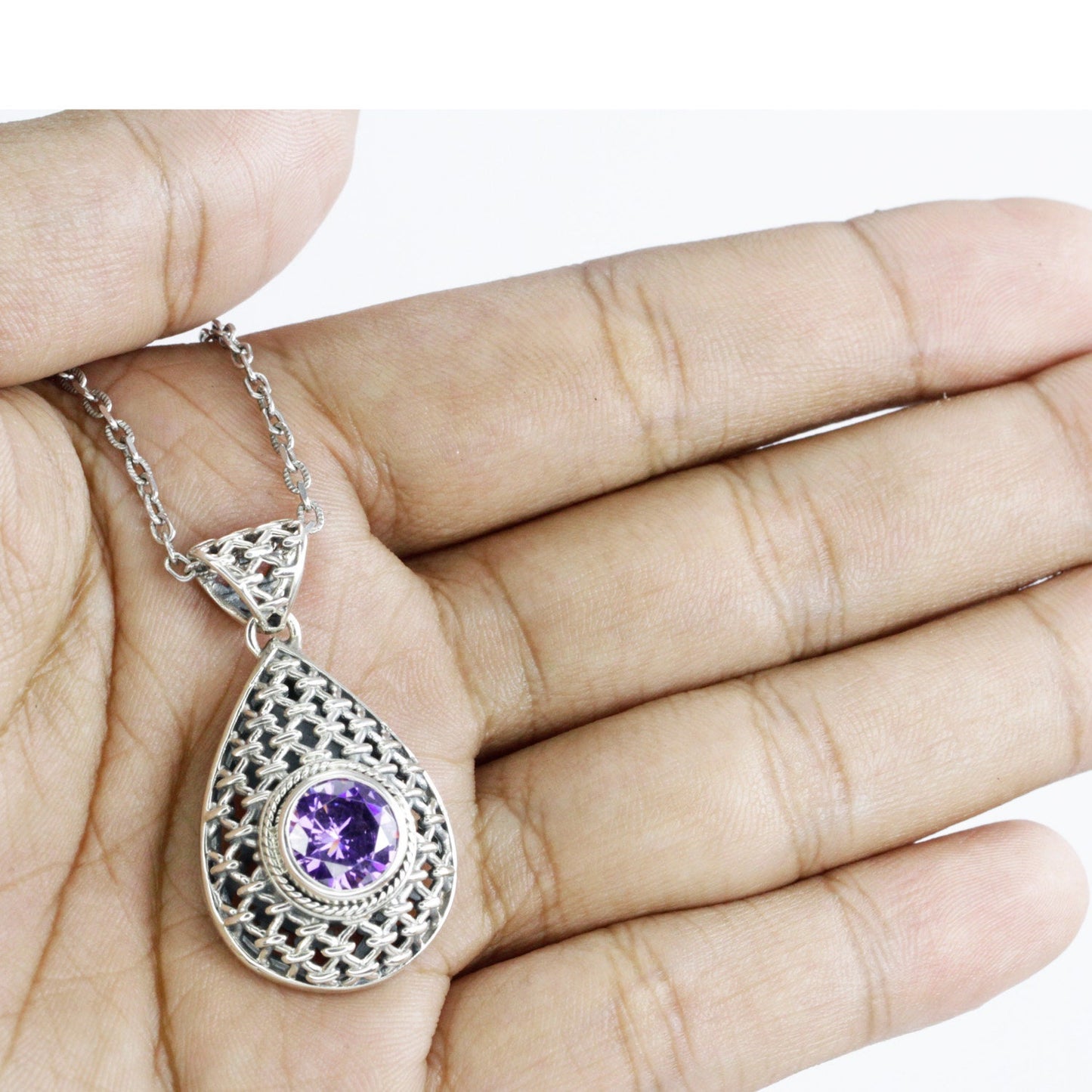 amethyst pendant zirconia 925 sterling silver decorated with rope webbing ornament