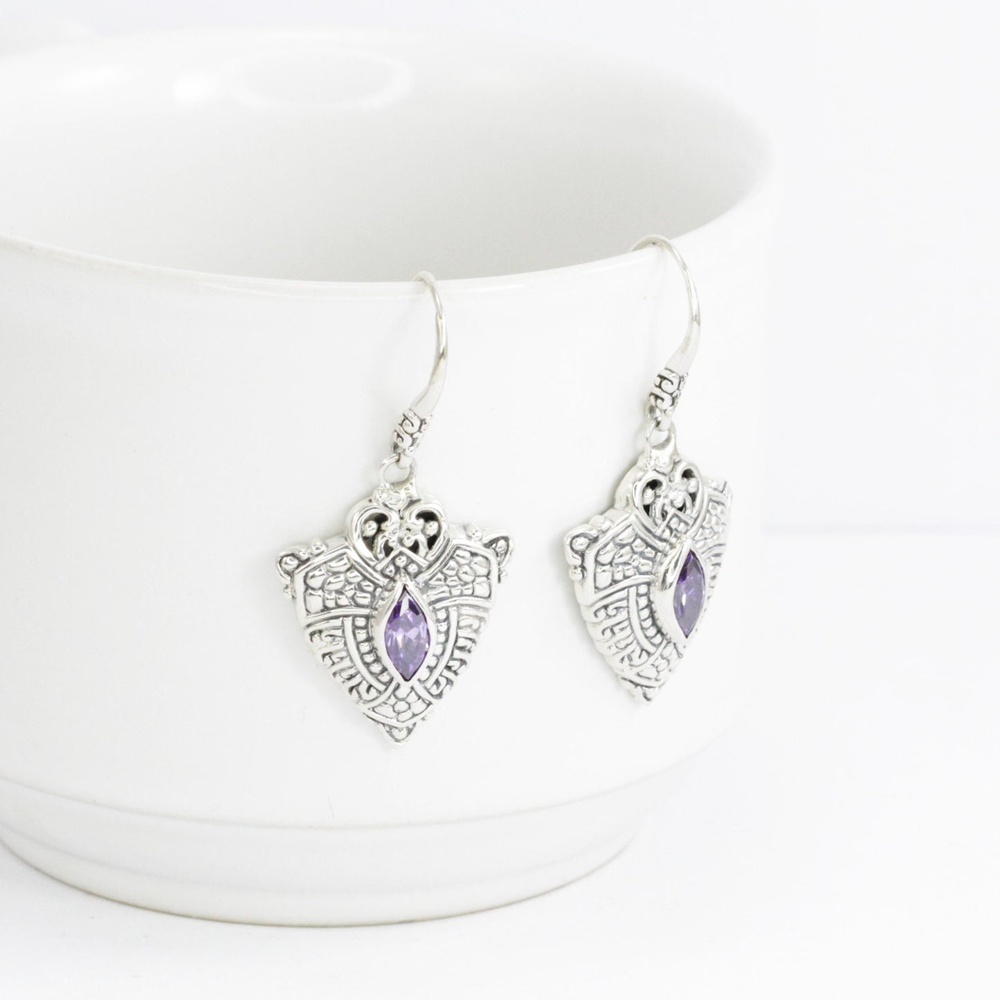 amethyst earrings Zirconia dangle 925 sterling silver with filigree ornament byzantine style