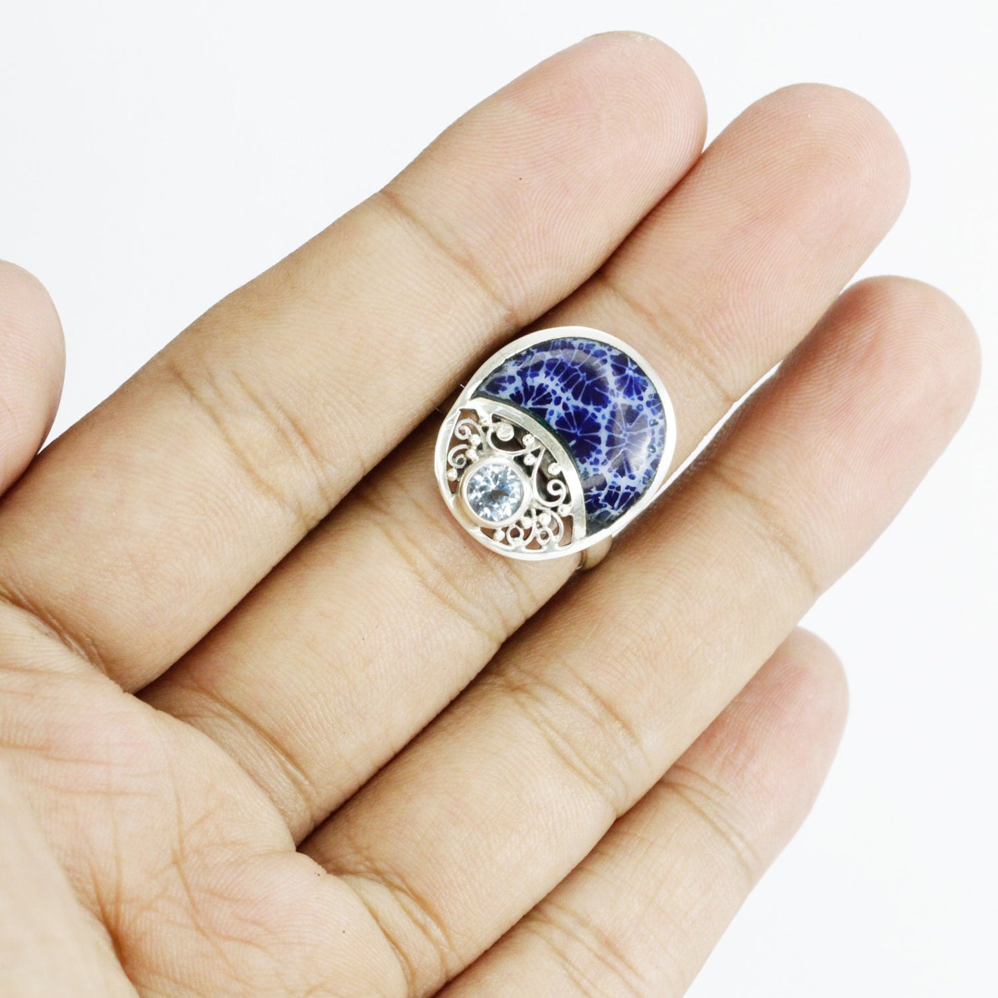 blue coral ring 925 sterling silver decorated with genuine blue topaz and filigree ornament