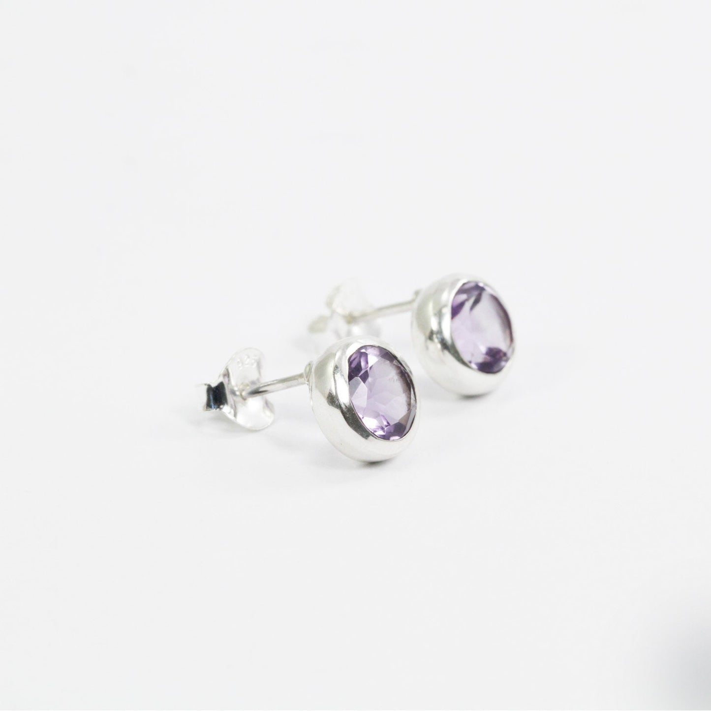 Amethyst Earrings Studs 7*7 mm round shape bezel set in 925 stud earrings push back closure