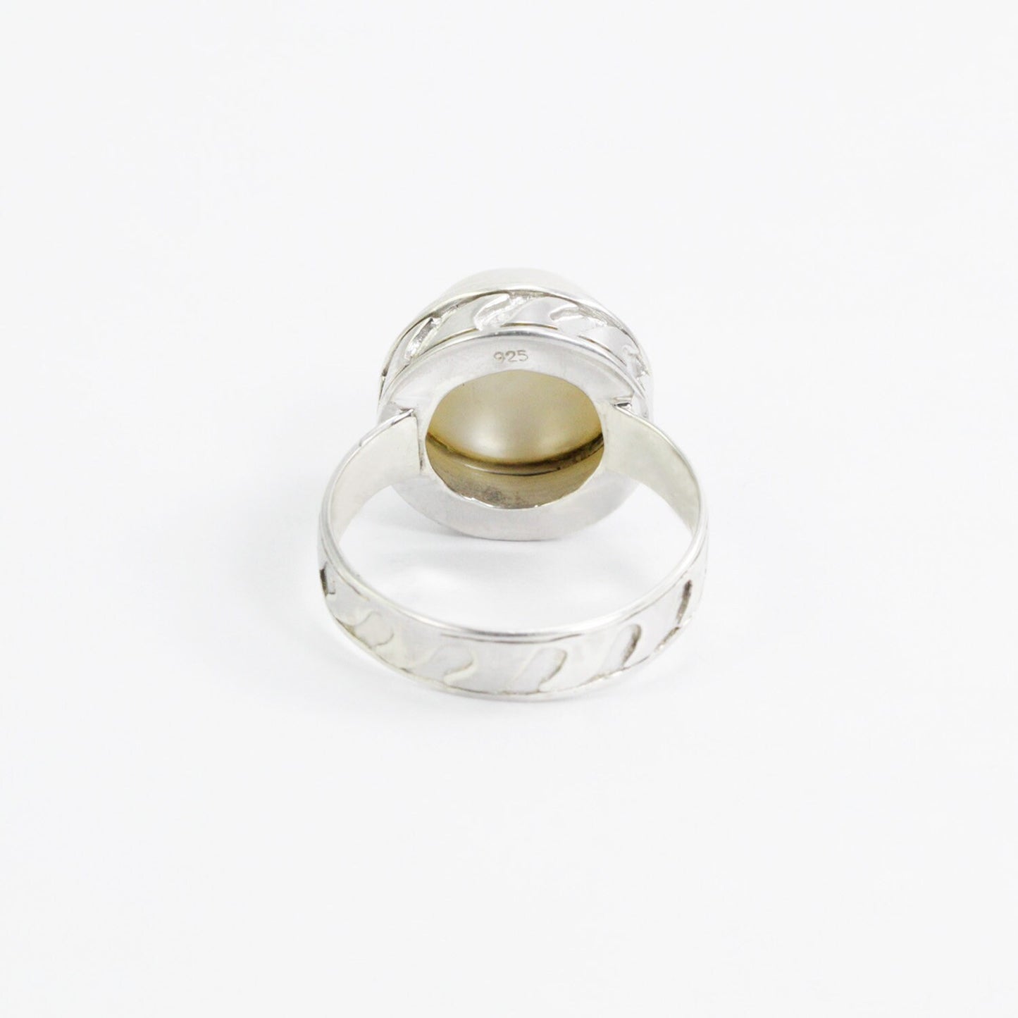 white mabe pearl ring 12 MM set in 925 sterling silver decorated with wave ornament