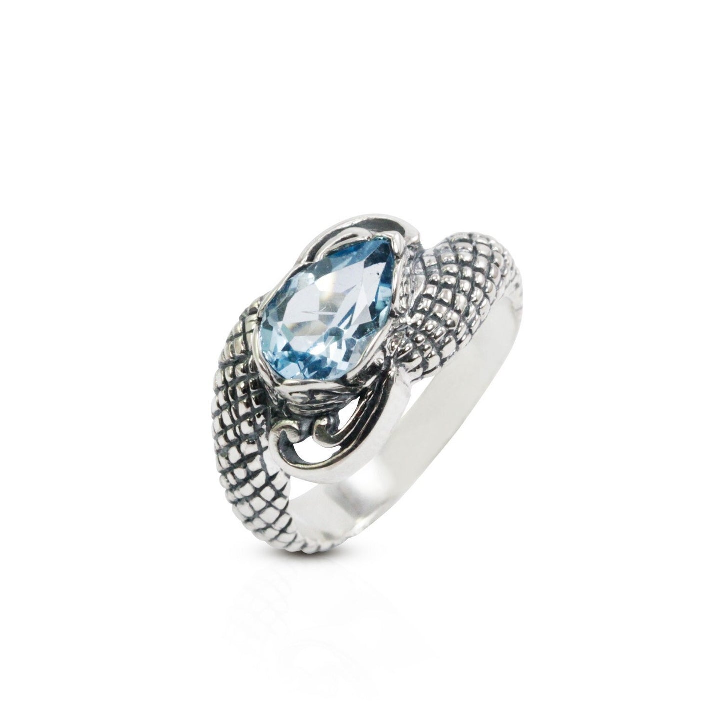 blue topaz ring 925 sterling silver decorated with snake skin filigree ornament