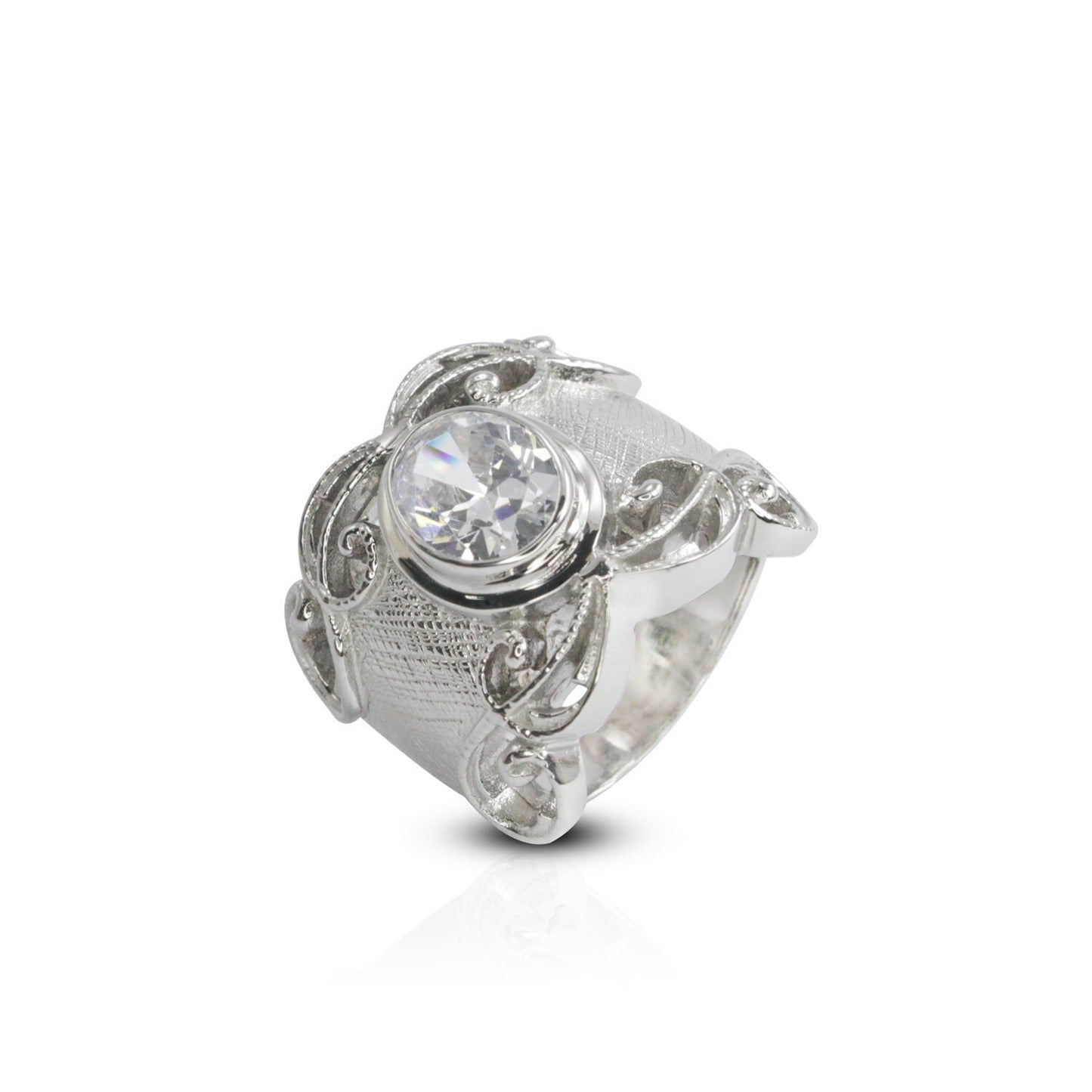 Wide band ring for women 925 sterling silver with genuine white crystal decorated with filigree ornament