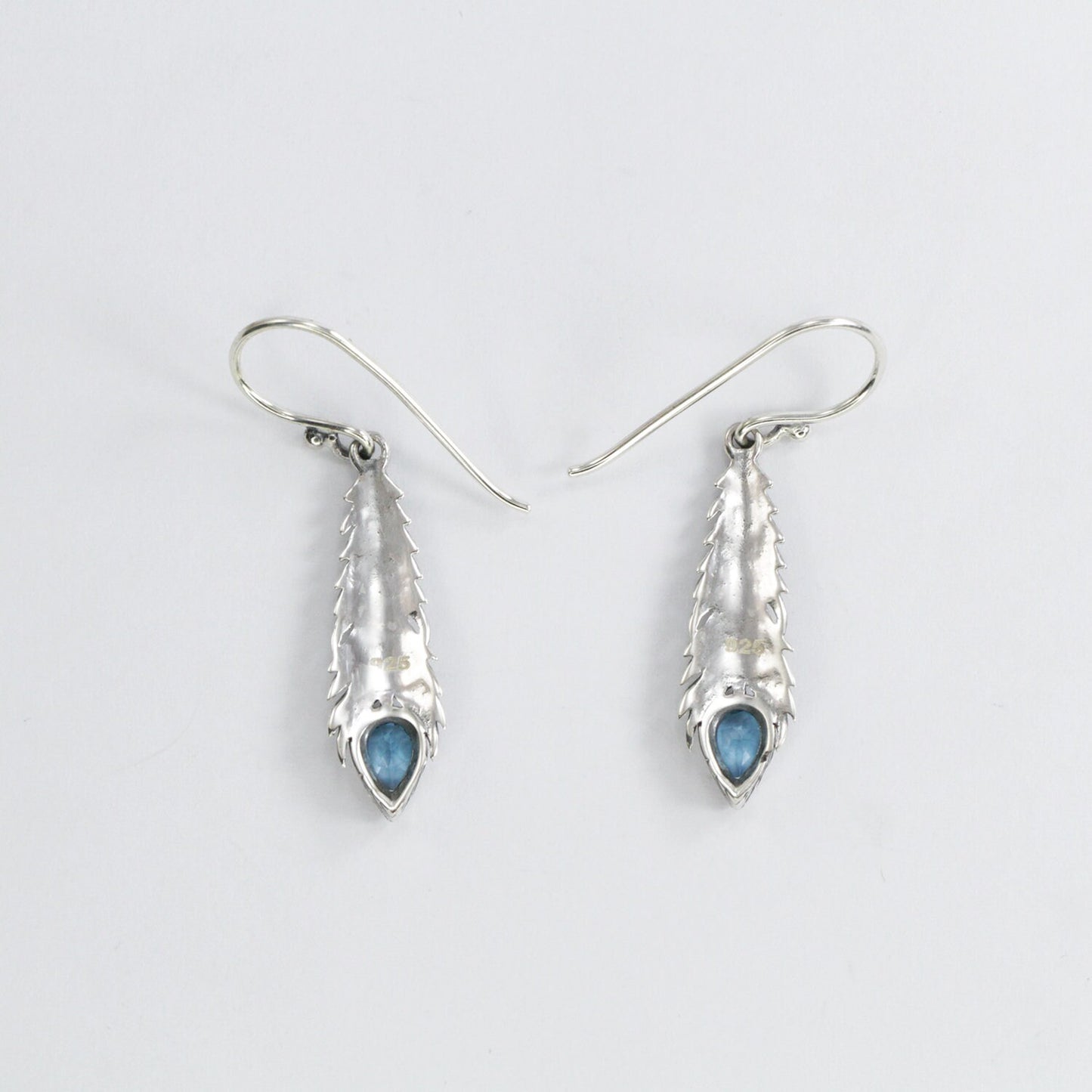 feather earrings 925 sterling silver with genuine blue topaz 4*6 mm bezel set