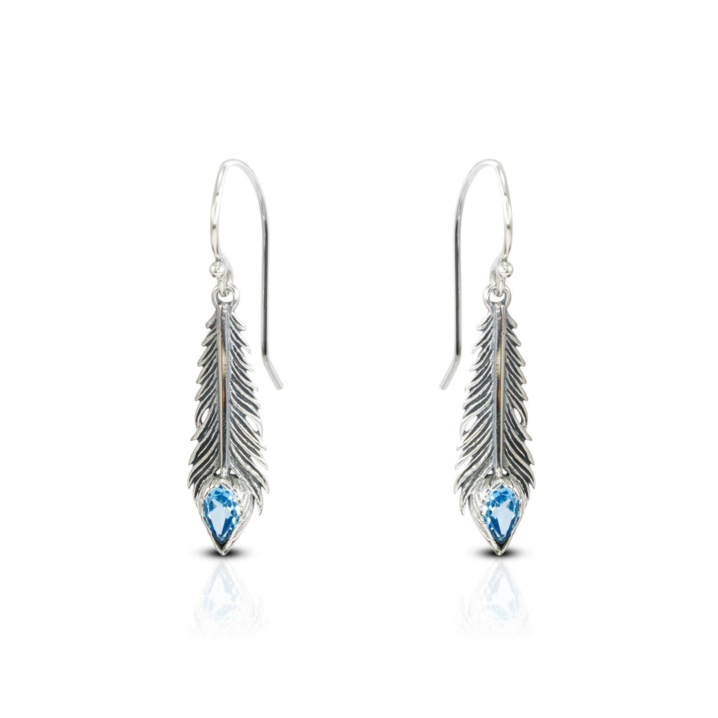 feather earrings 925 sterling silver with genuine blue topaz 4*6 mm bezel set