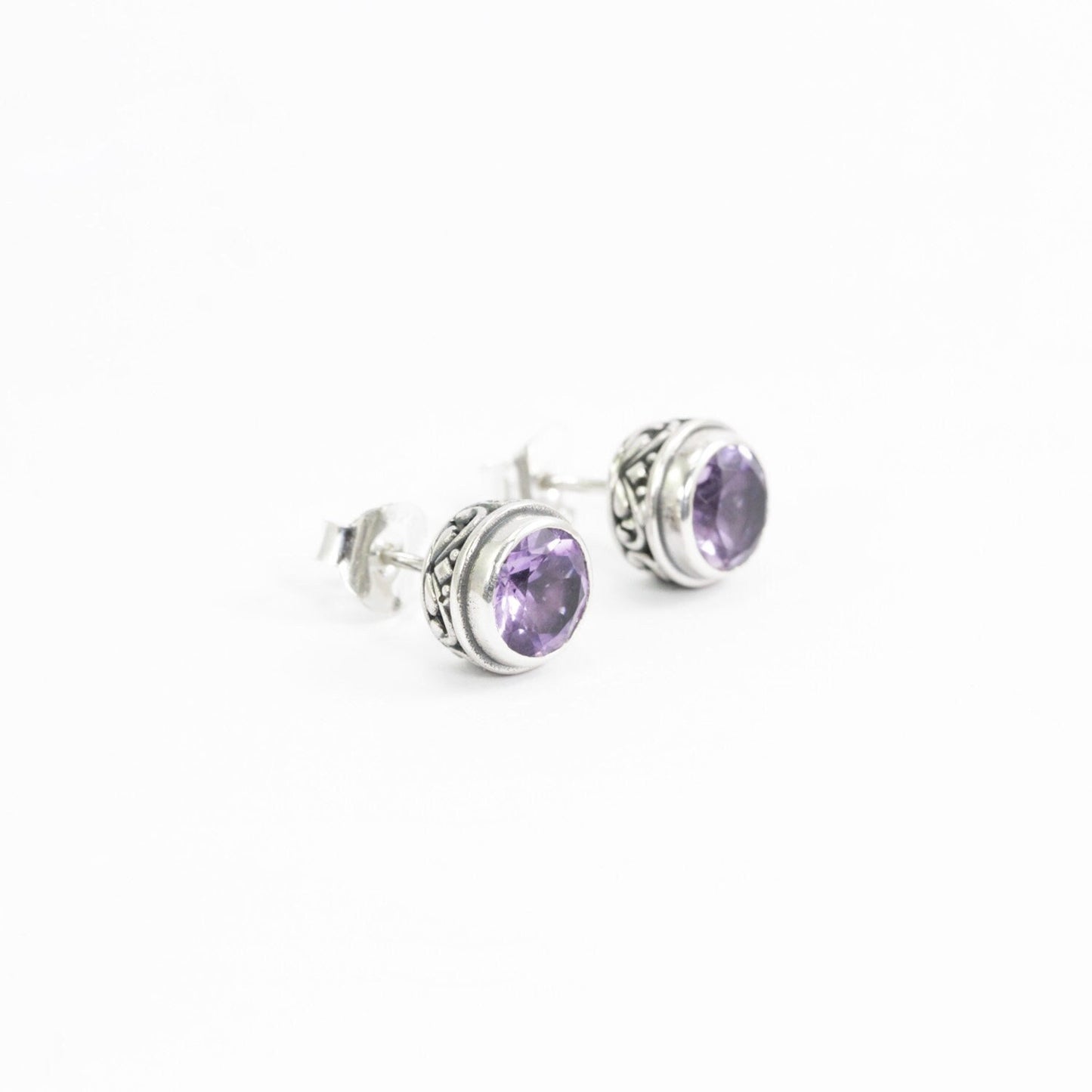 Amethyst Earrings stud 925 sterling silver with genuine Brazilian amethyst decorated with filigree bezel