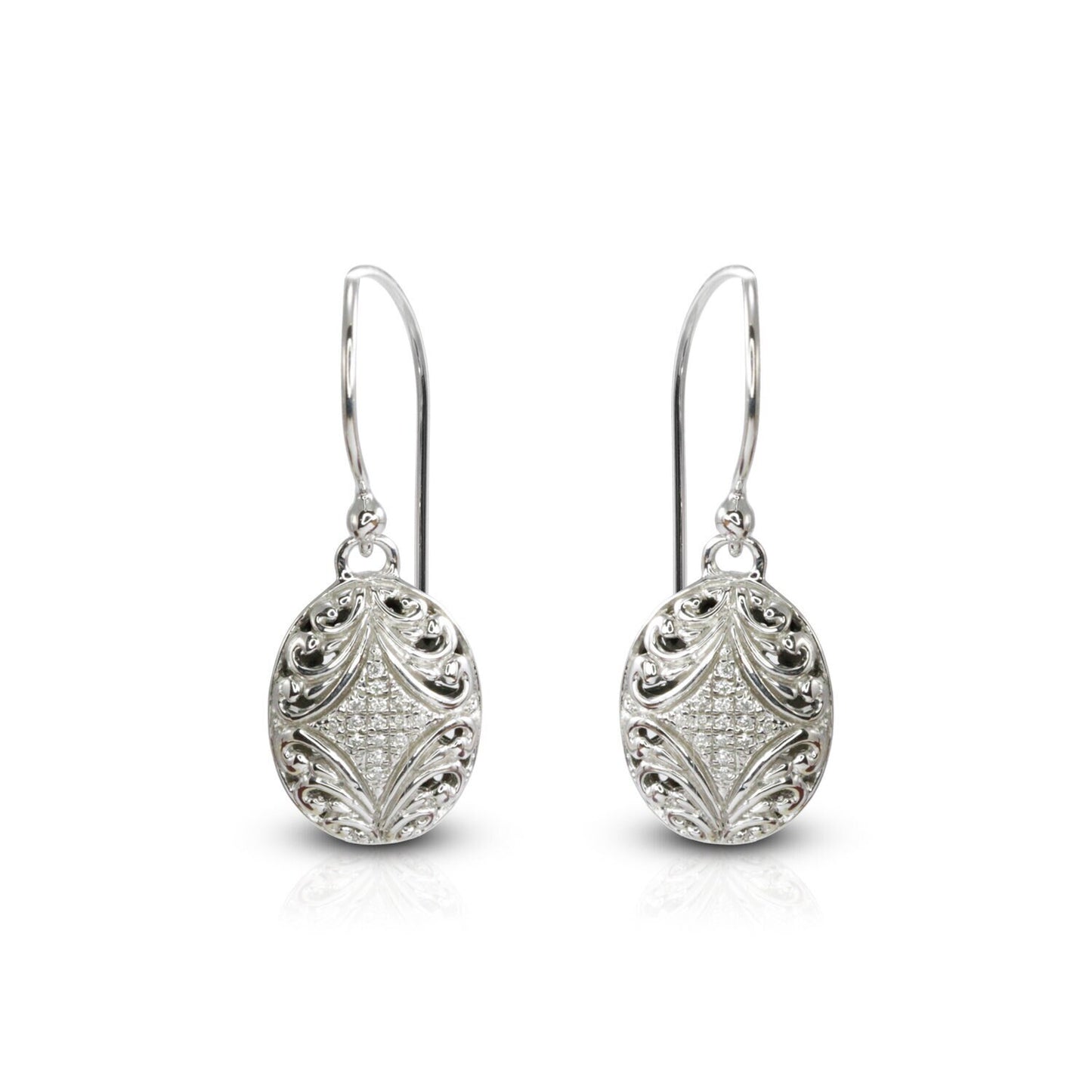 oval earrings 925 sterling silver decorated with open work filigree and white zircon
