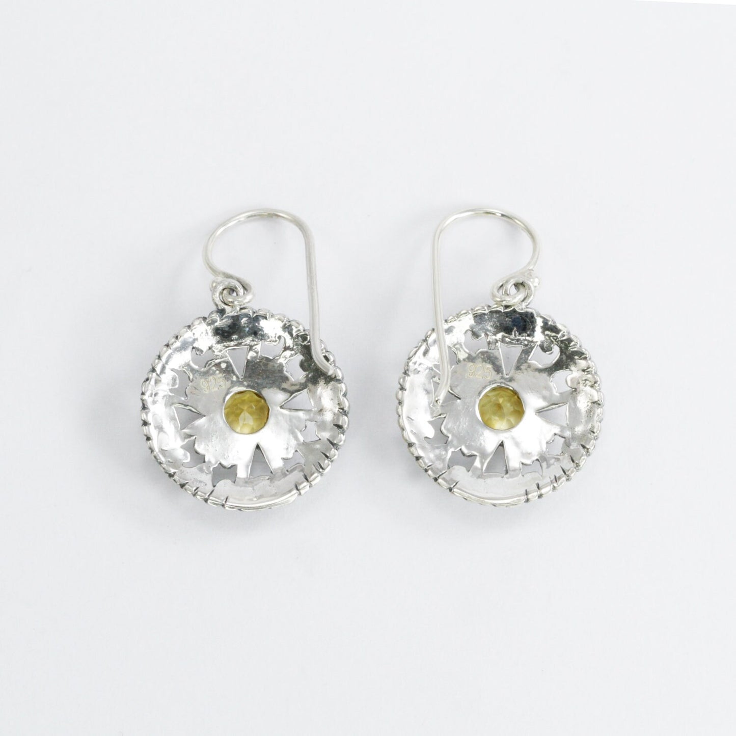 Citrine earrings 925 sterling silver decorated with delicate filigree ornament circle shape