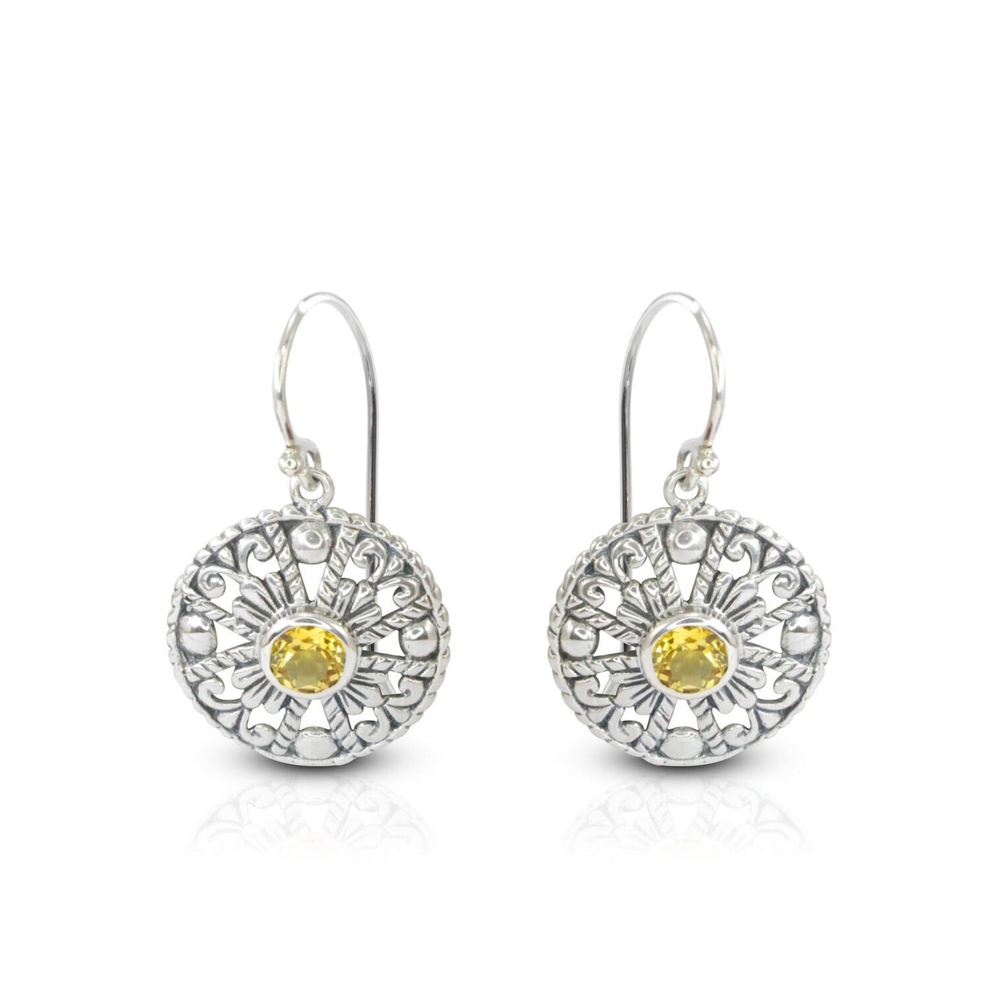 Citrine earrings 925 sterling silver decorated with delicate filigree ornament circle shape