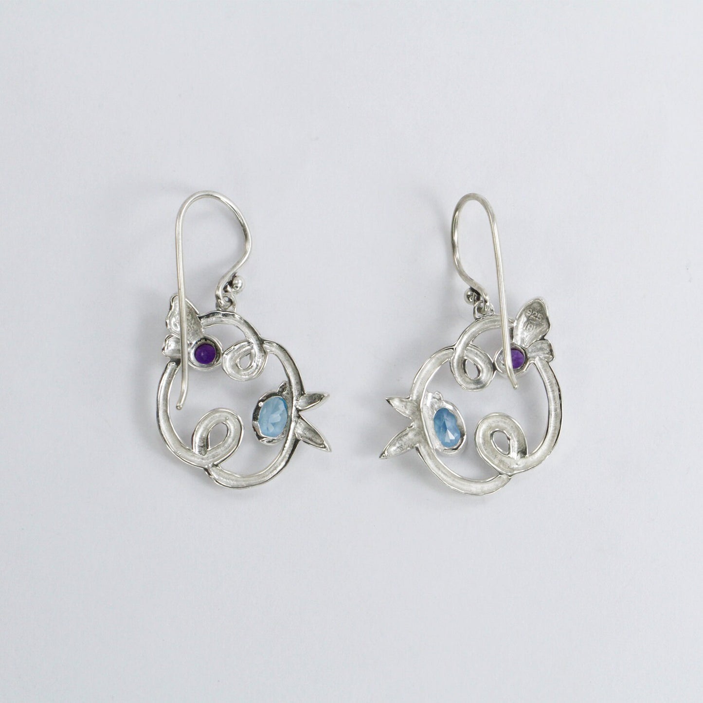 Floral earrings dangle 925 sterling silver with genuine blue topaz and natural amethyst