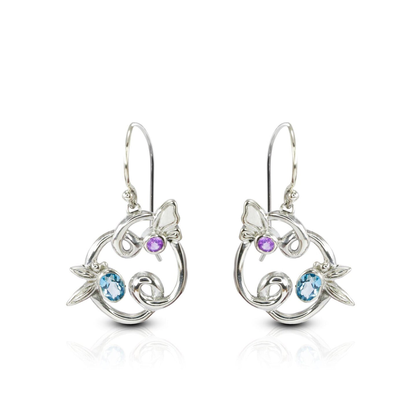 Floral earrings dangle 925 sterling silver with genuine blue topaz and natural amethyst