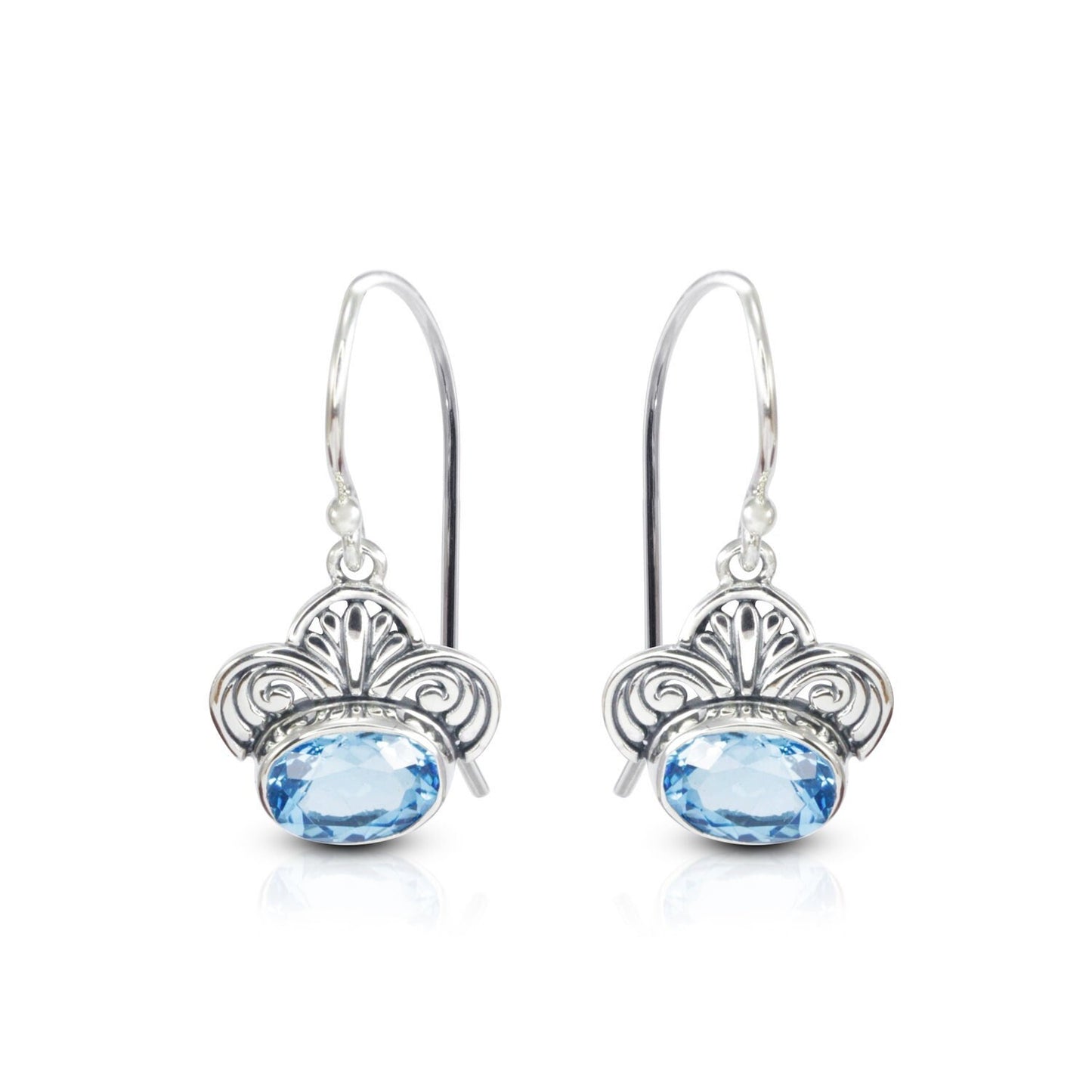 genuine blue topaz earrings 925 sterling silver decorated with swirl filigree flower ornament
