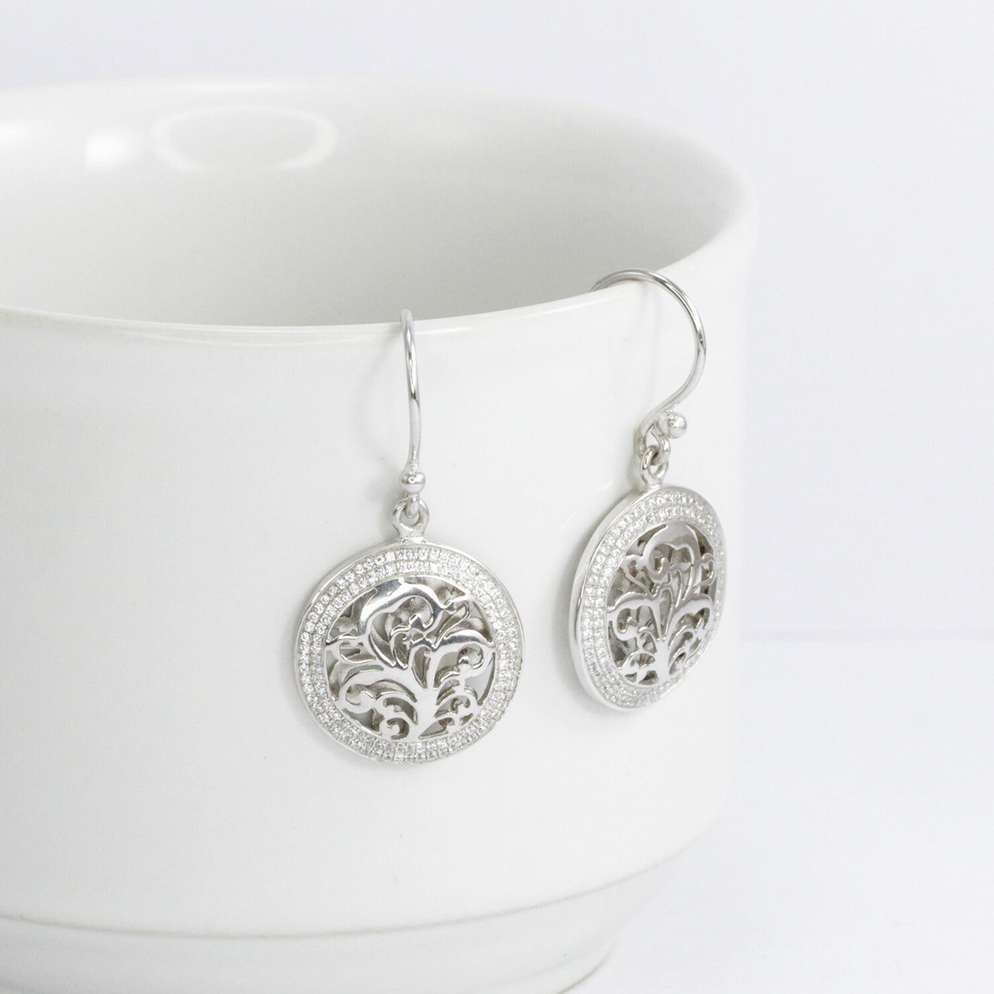 tree of life earrings 925 sterling silver earrings open work filigree inspired and white stone pave