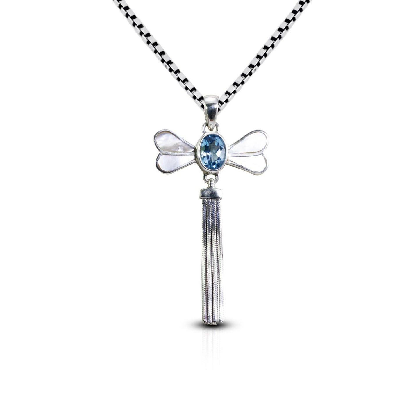 Dragonfly pendant necklace 925 sterling silver genuine blue topaz decorated with chain tails moveable