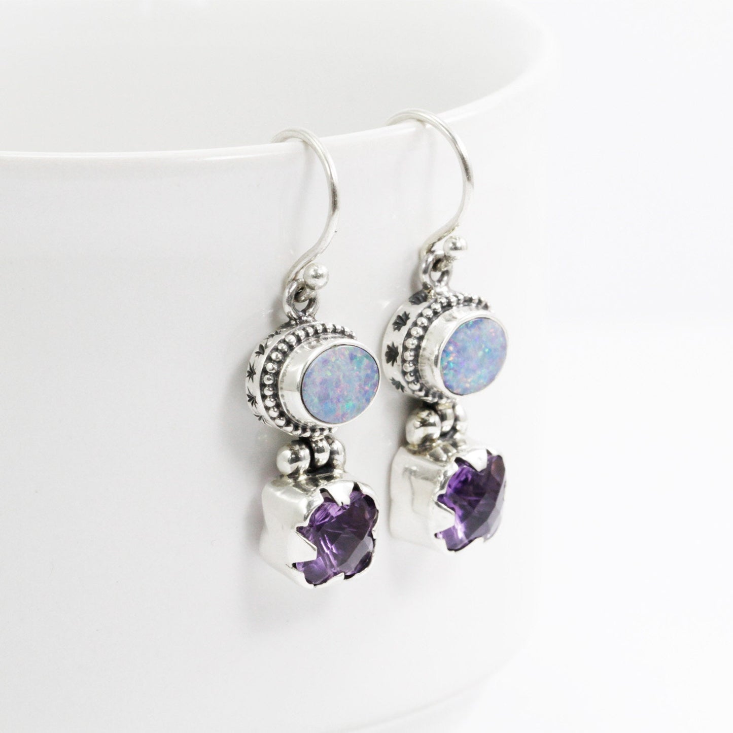 Australian opal earrings 925 sterling silver with genuine Brazilian amethyst, two stones earrings dangle