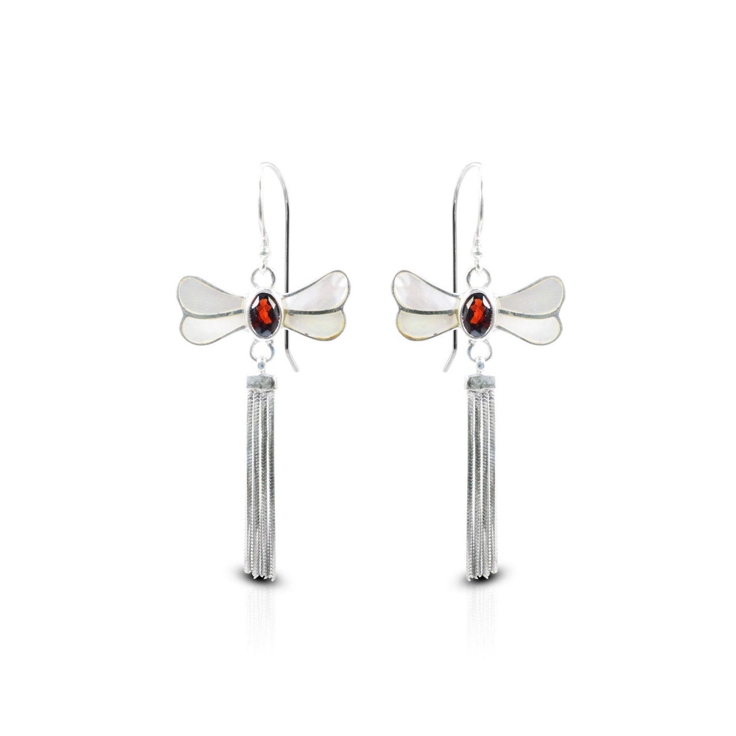 dragonfly earrings 925 sterling silver with genuine red garnet decorated with chain tails