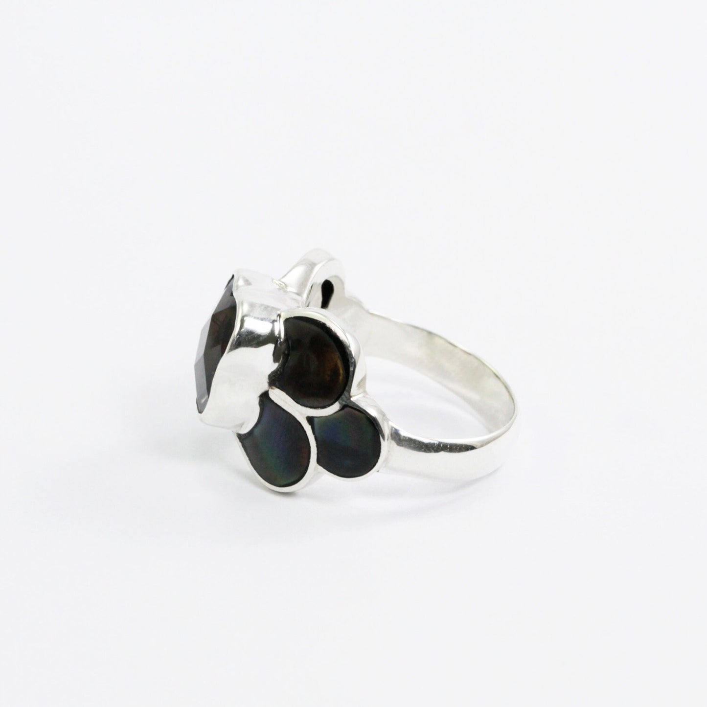 smoky quarts ring 925 sterling silver decorated with natural black shell