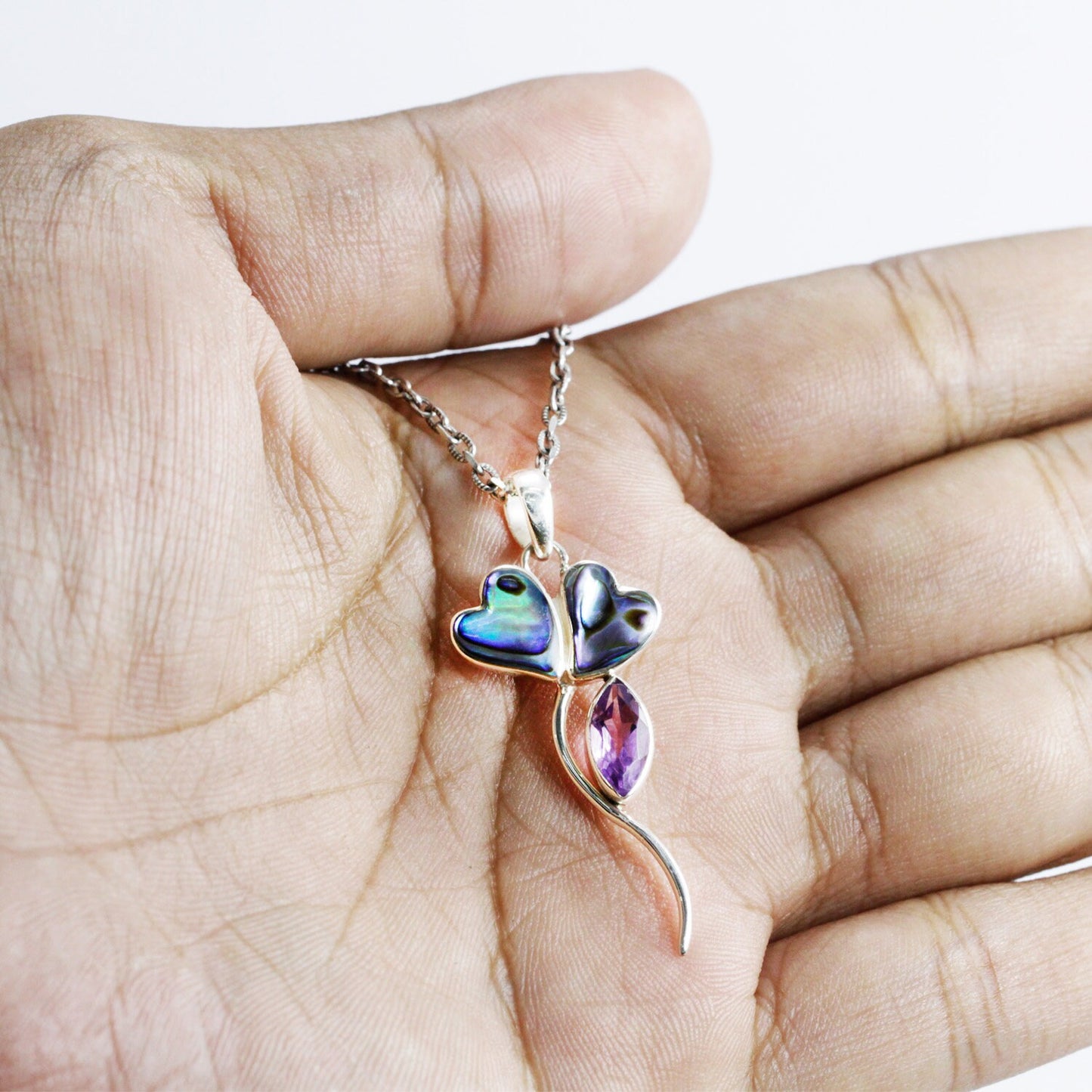 tulip flower pendant 925 sterling silver with natural Brazilian amethyst and genuine abalone shell