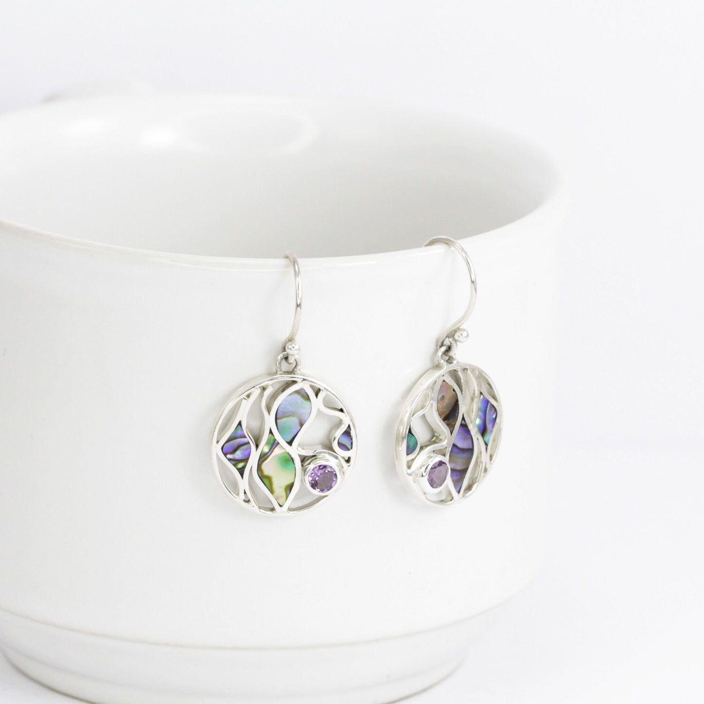 abalone shell earrings 925 sterling silver with natural Brazilian amethyst decorated with ocean wave inspired design
