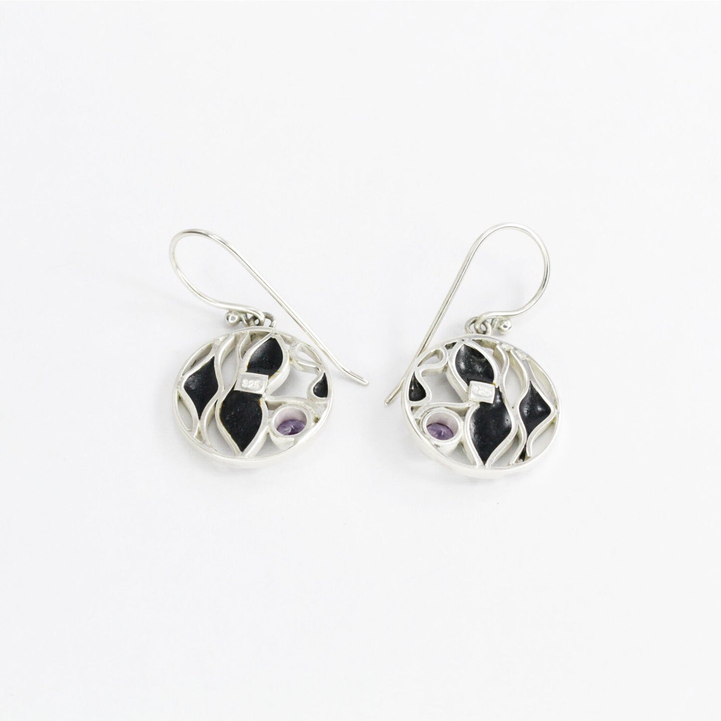 abalone shell earrings 925 sterling silver with natural Brazilian amethyst decorated with ocean wave inspired design