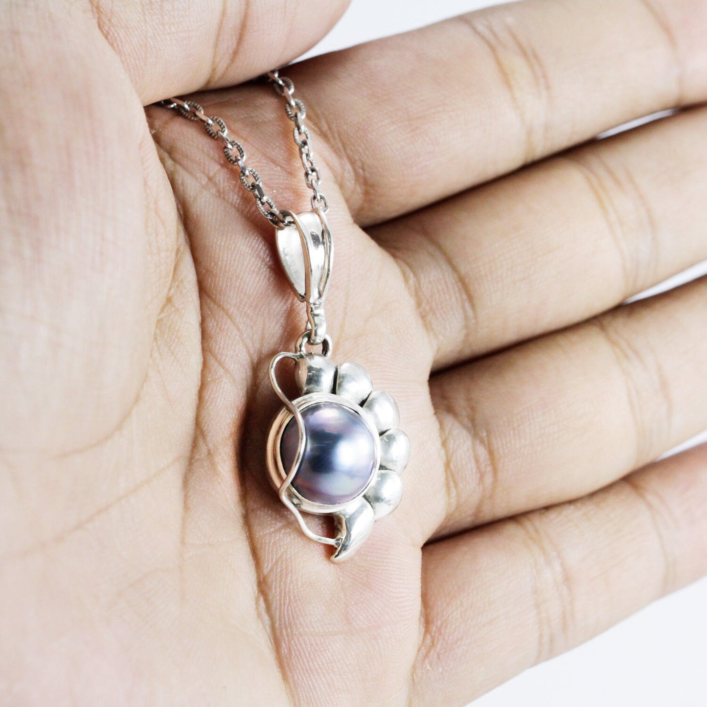 blue mabe pearl pendant necklace 925 sterling silver with conch shell shape
