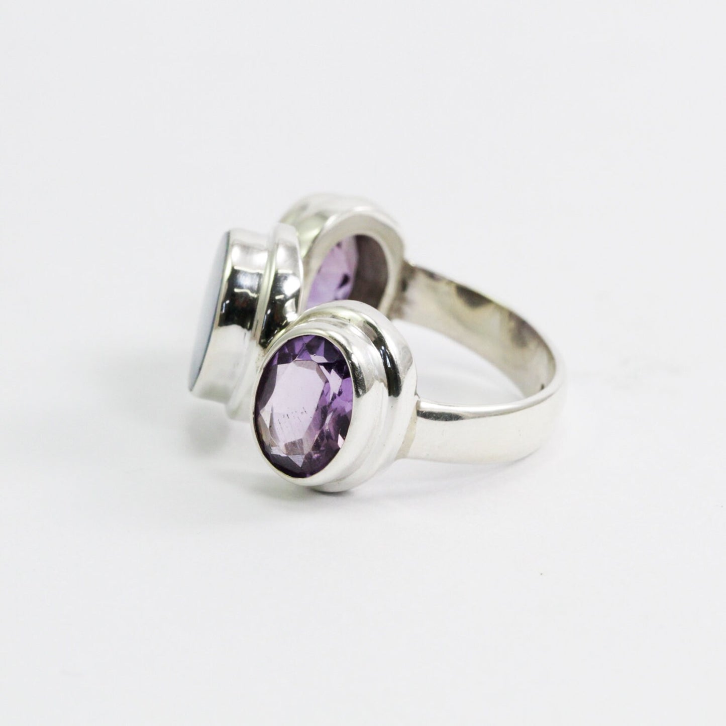 Opal ring 925 sterling silver with genuine amethyst in bezel set