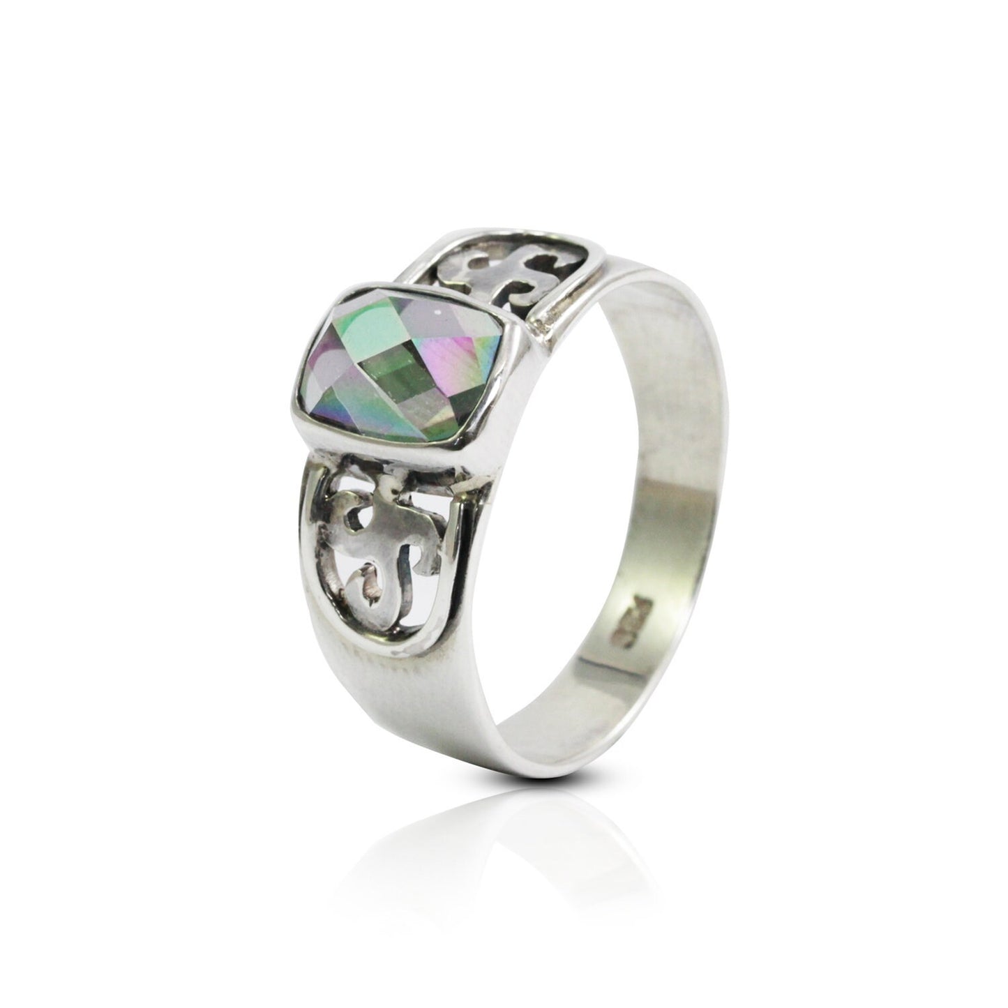 Mystique topaz ring 925 sterling silver decorated with open work filigree