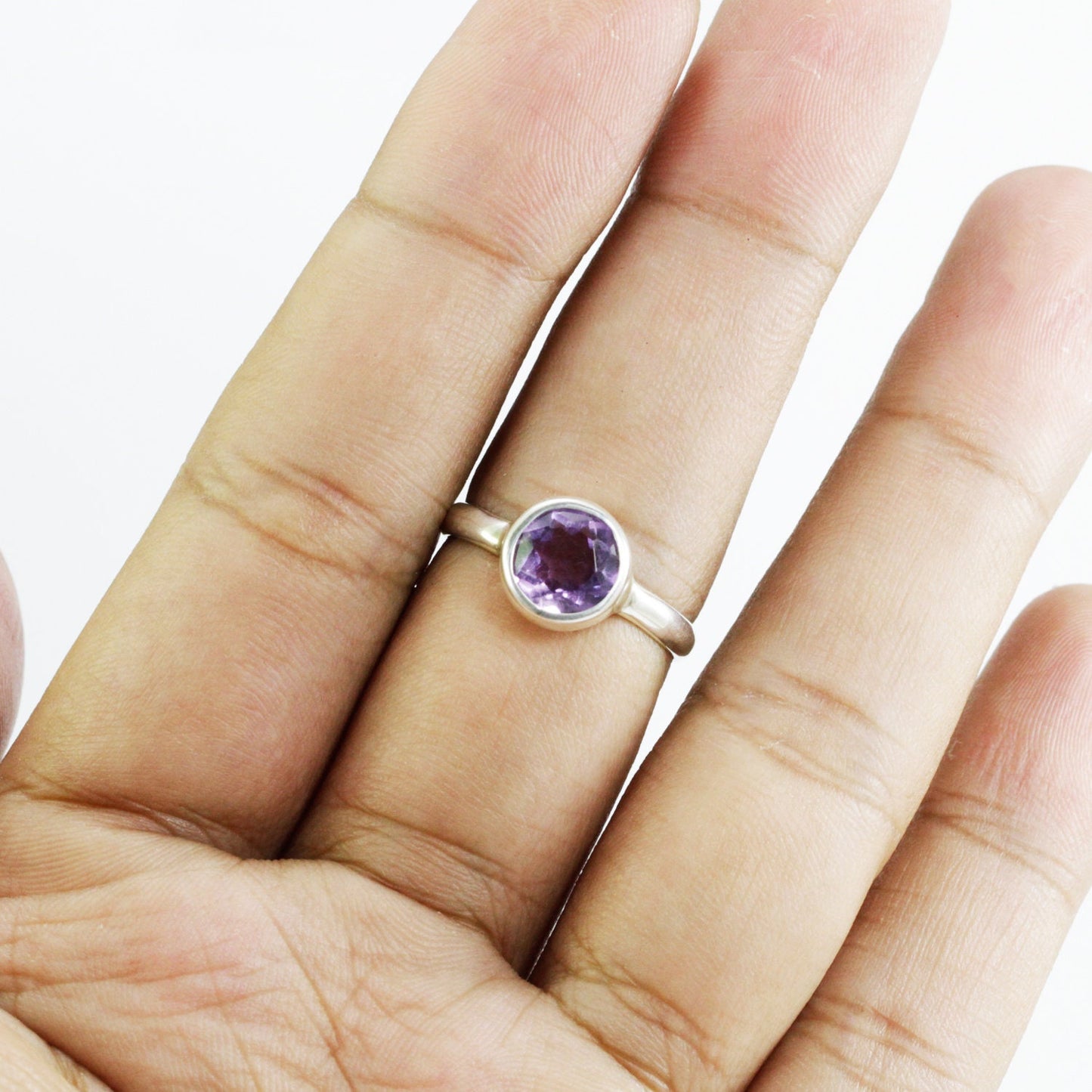 solitaire ring for women 8 mm round amethyst in handmade bezel 925 sterling silver