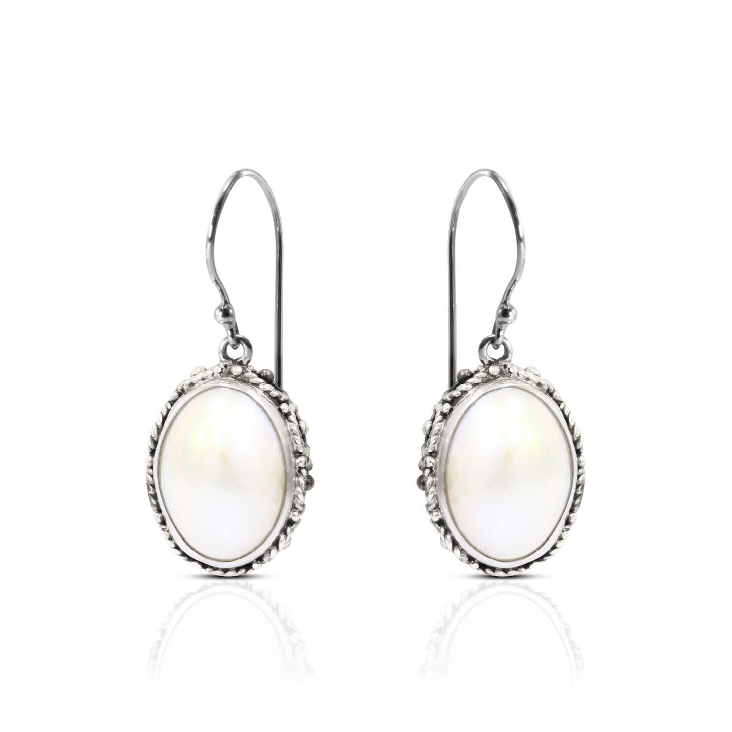 oval white mabe pearl earrings 925 sterling silver decorated with woven ornament bezel