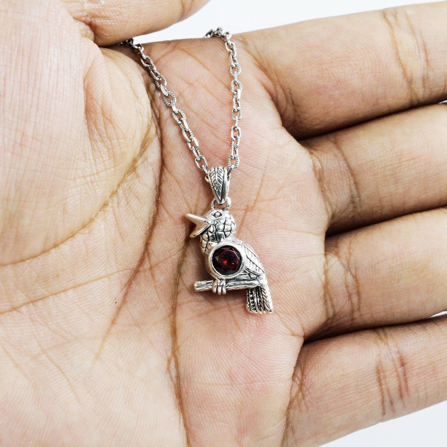 silver Bird pendant necklace 925 sterling silver with genuine red Garnet