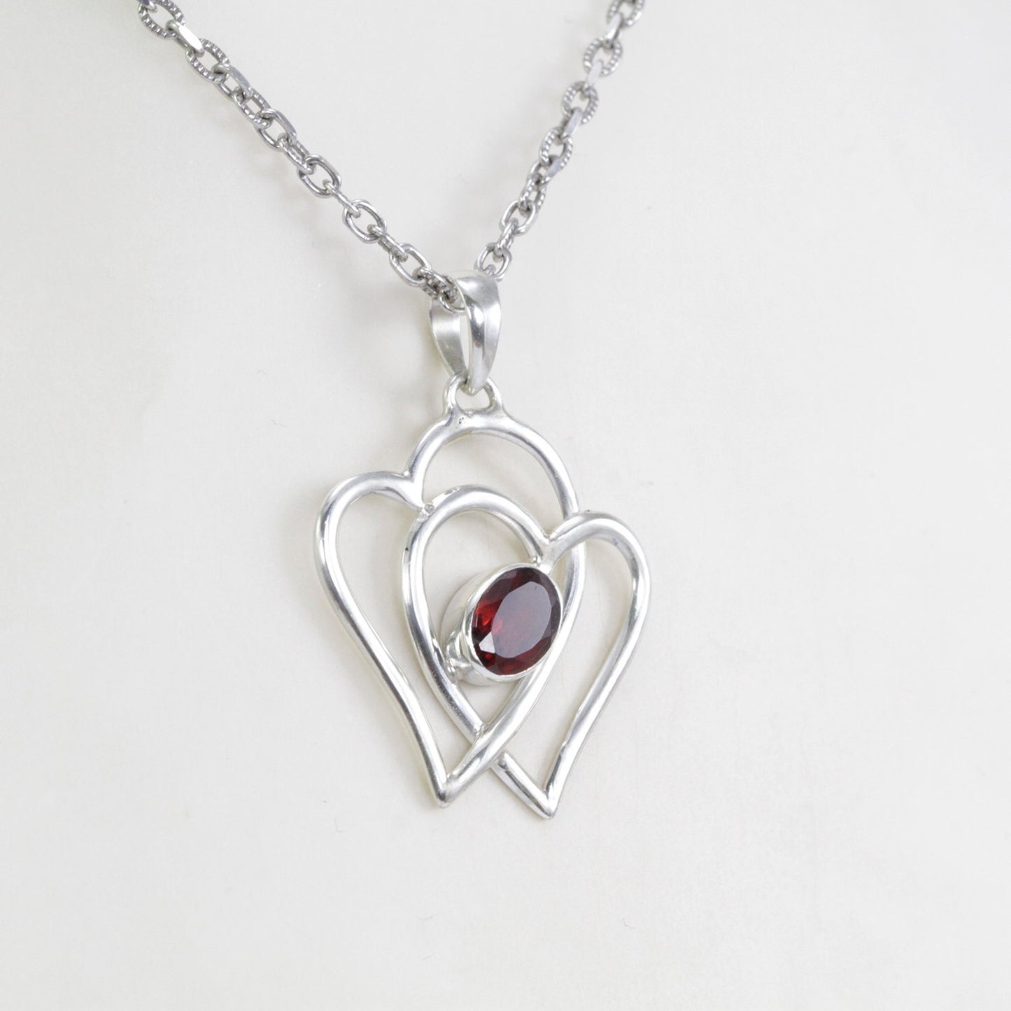 red Garnet pendant necklace set in 925 sterling silver heart shape