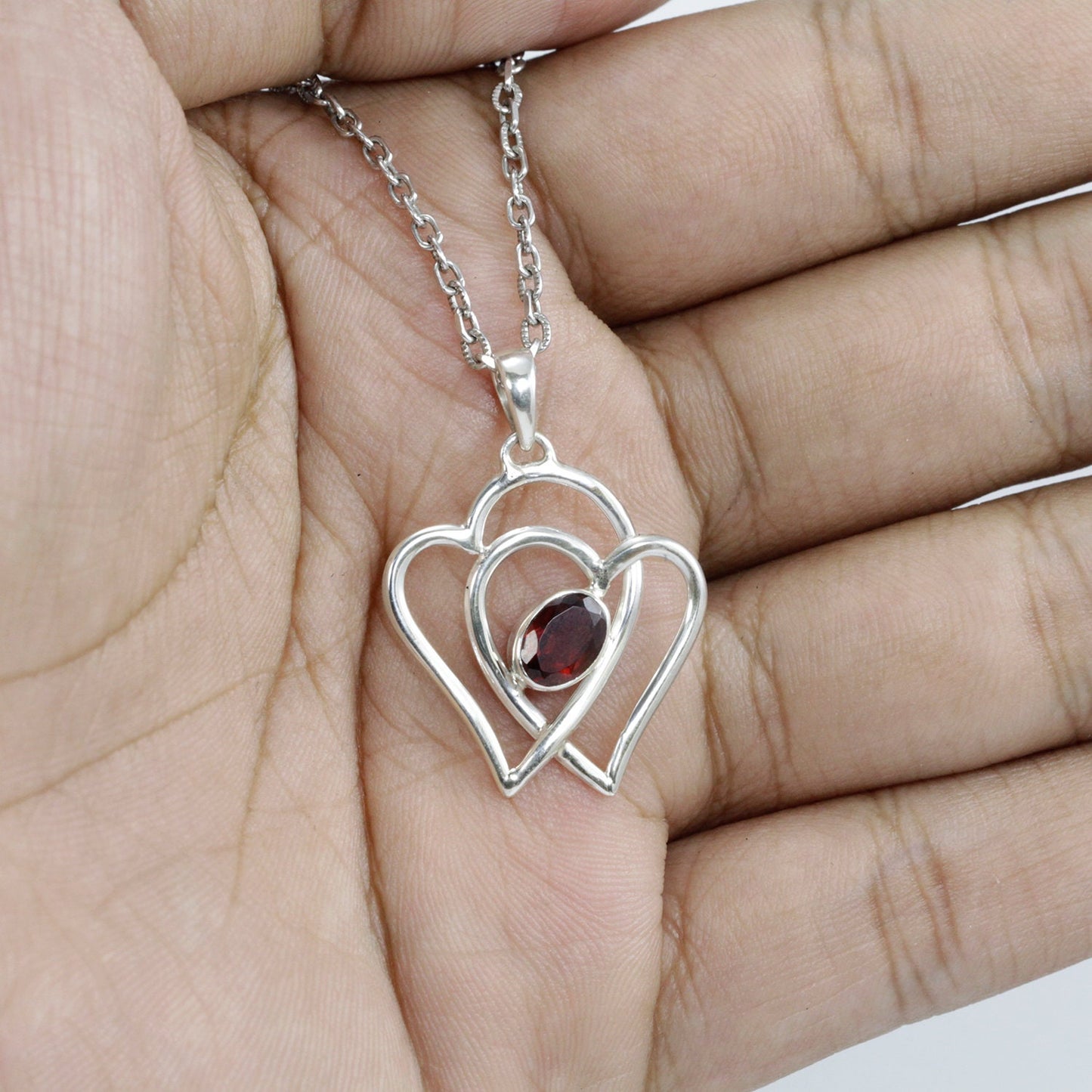 red Garnet pendant necklace set in 925 sterling silver heart shape