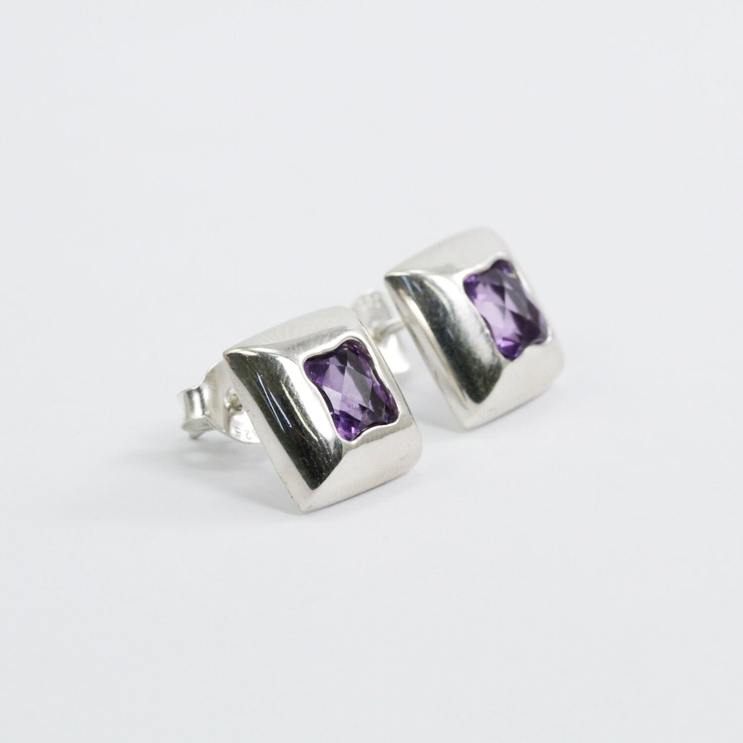 amethyst stud earrings set in 925 sterling silver square shape fancy brilliant cut