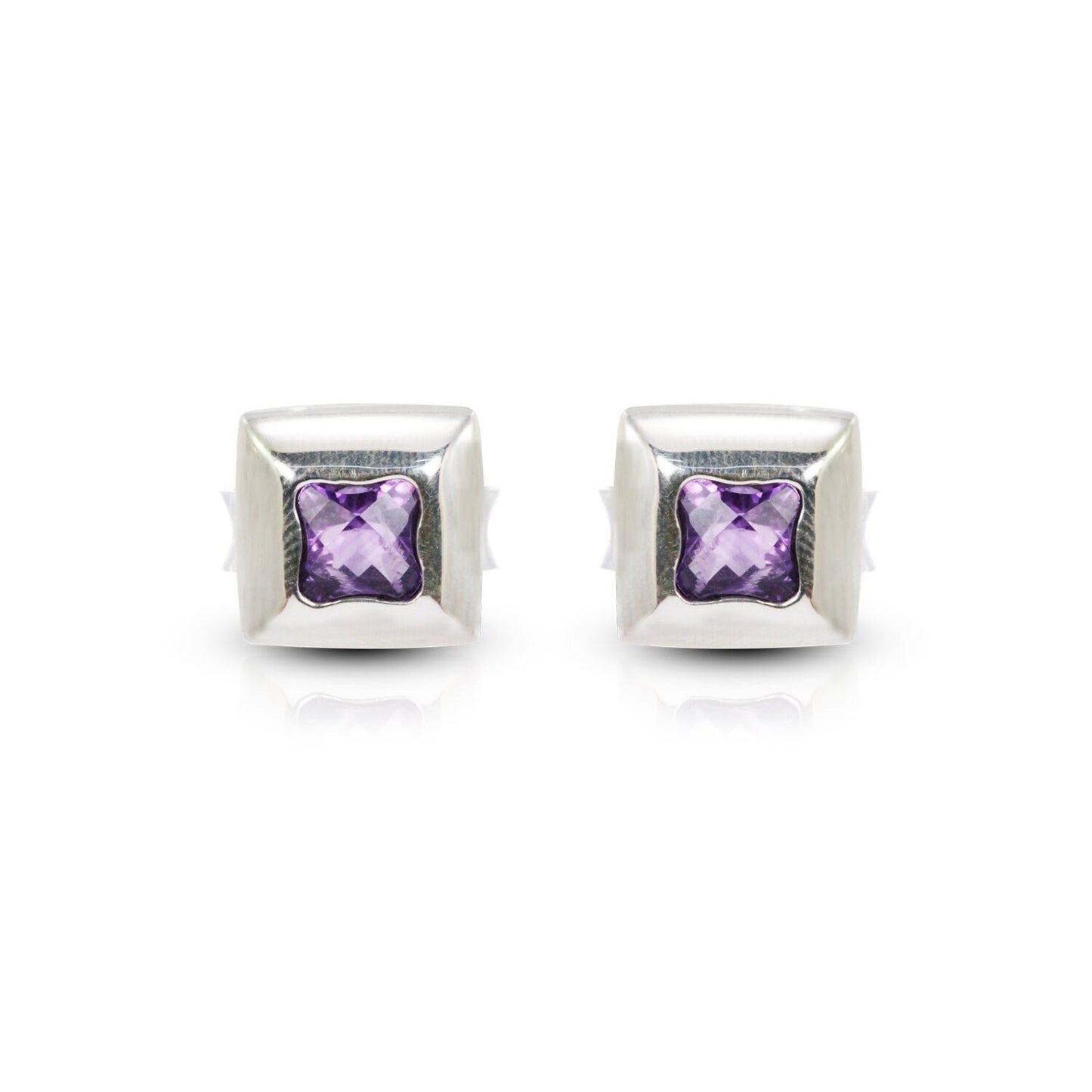 amethyst stud earrings set in 925 sterling silver square shape fancy brilliant cut