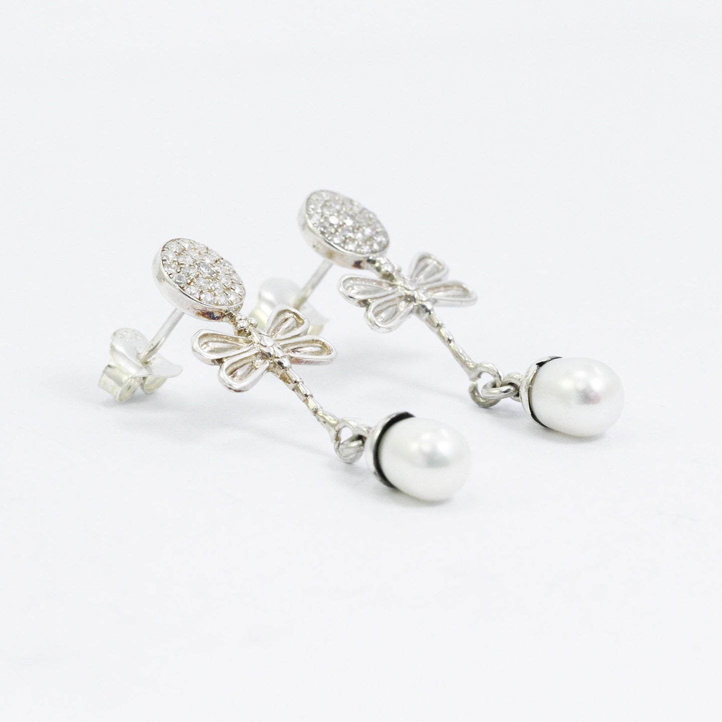 dragonfly earrings with pave setting and freshwater pearl set in 925 sterling silver