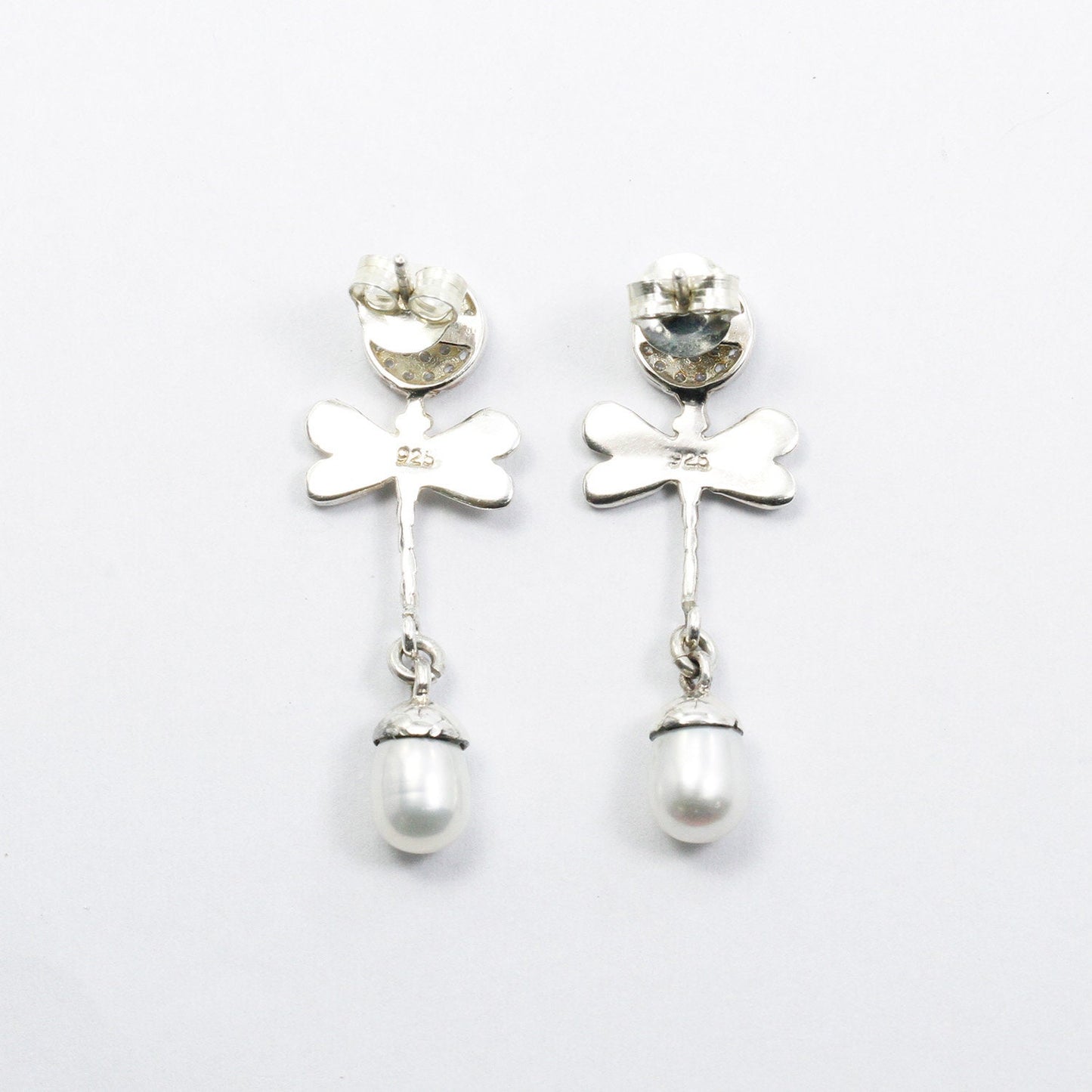 dragonfly earrings with pave setting and freshwater pearl set in 925 sterling silver