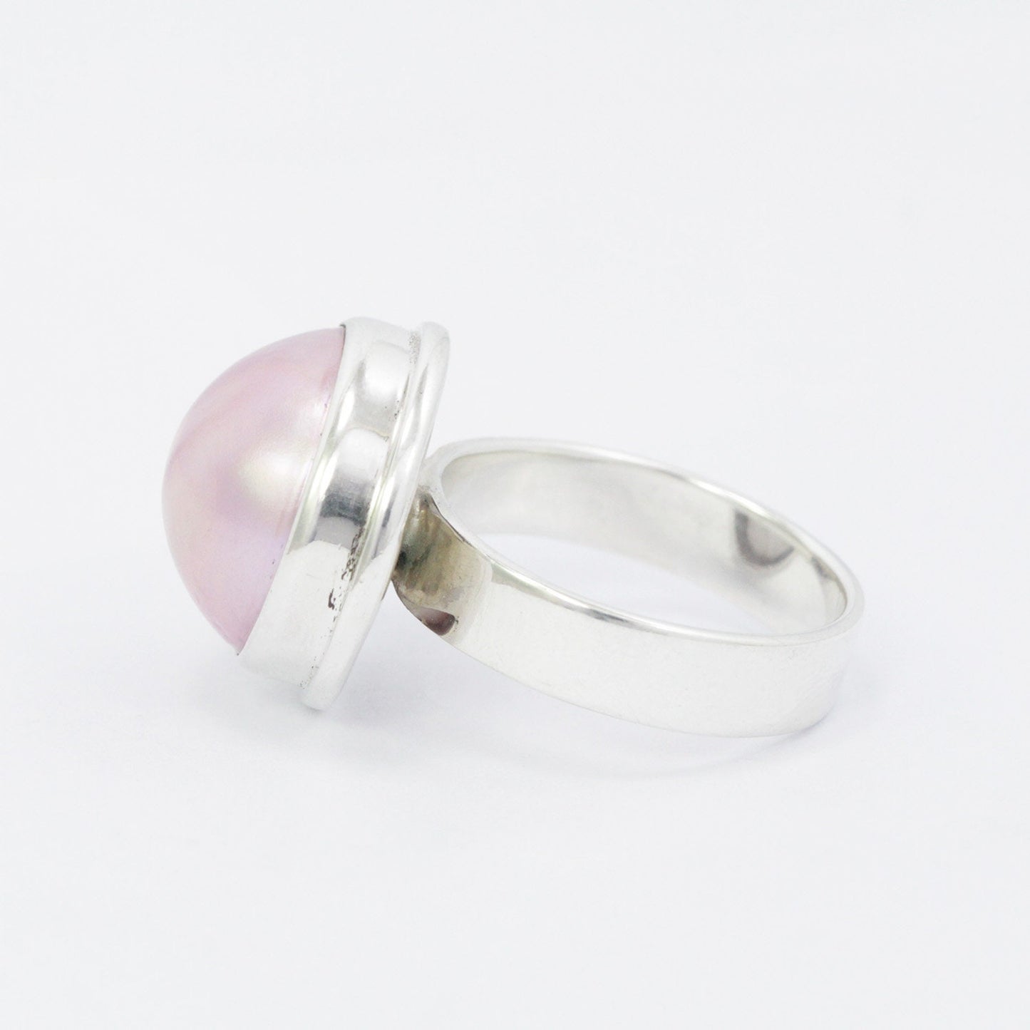 pink pearl ring set in 925 sterling silver handmade bezel, genuine pink mabe pearl ring