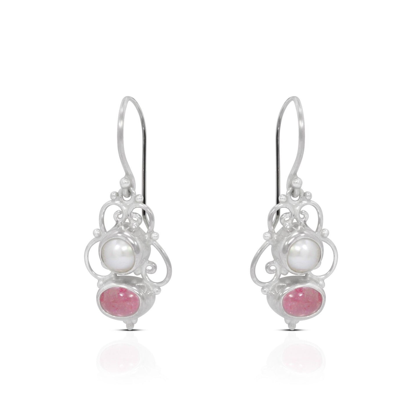 pink tourmaline earrings 925 sterling silver with genuine freshwater pearl and filigree ornament